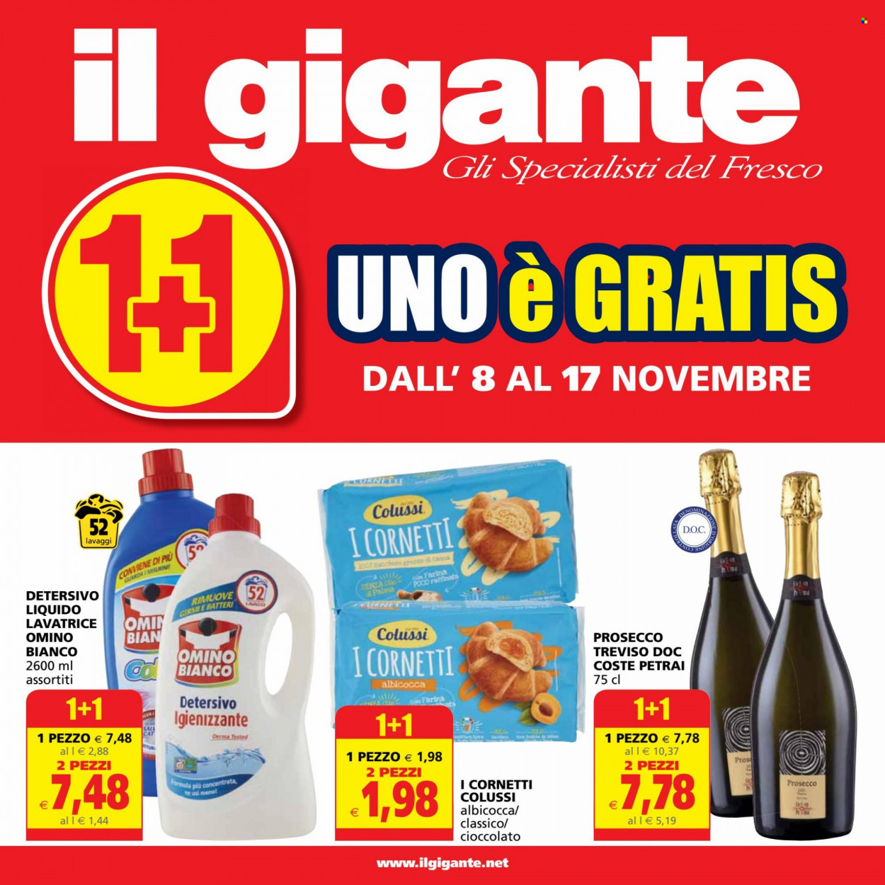 thumbnail - Volantino Il Gigante - 8/11/2021 - 17/11/2021 - Prodotti in offerta - croissant, cioccolato, Prosecco, detersivo liquido per lavatrice, Omino Bianco. Pagina 1.