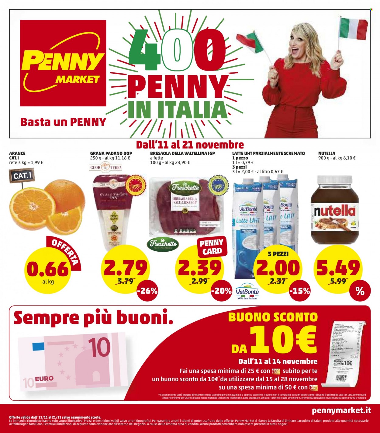 thumbnail - Volantino Penny Market - 11/11/2021 - 21/11/2021 - Prodotti in offerta - arance, bresaola, formaggio, Grana Padano, Nutella, crema spalmabile alla nocciola. Pagina 1.