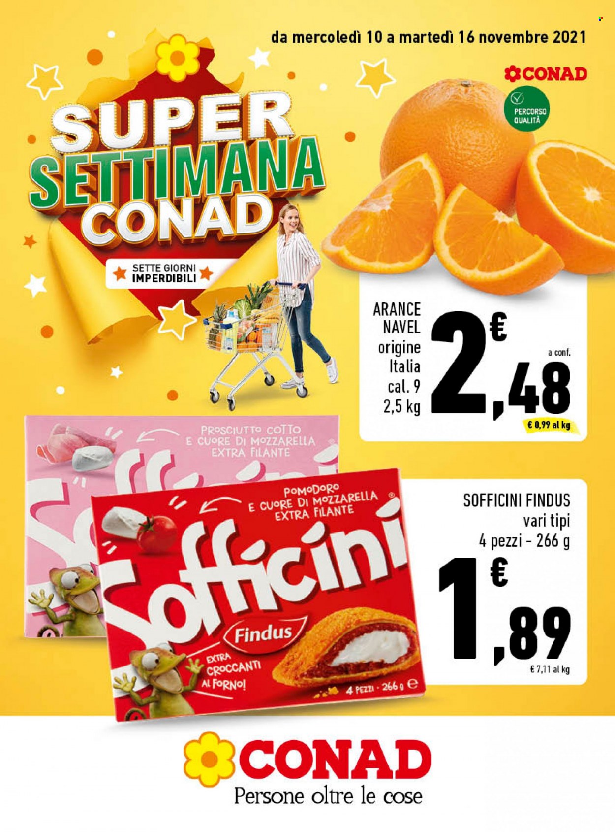 thumbnail - Volantino Conad - 10/11/2021 - 16/11/2021 - Prodotti in offerta - pomodori, arance, arancie Navel, Findus, Sofficini. Pagina 1.