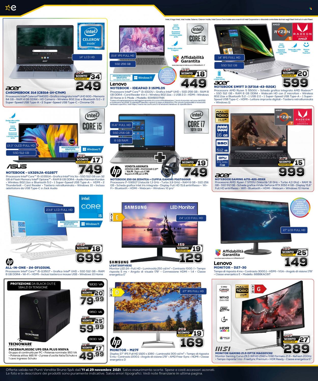 thumbnail - Volantino Euronics - 11/11/2021 - 29/11/2021 - Prodotti in offerta - Acer, Asus, Lenovo, Samsung, monitor gaming, monitor LED, monitor, notebook, notebook gaming, tastiera, nVidia, Intel, nVidia GeForce, AMD Radeon, cuffia. Pagina 14.