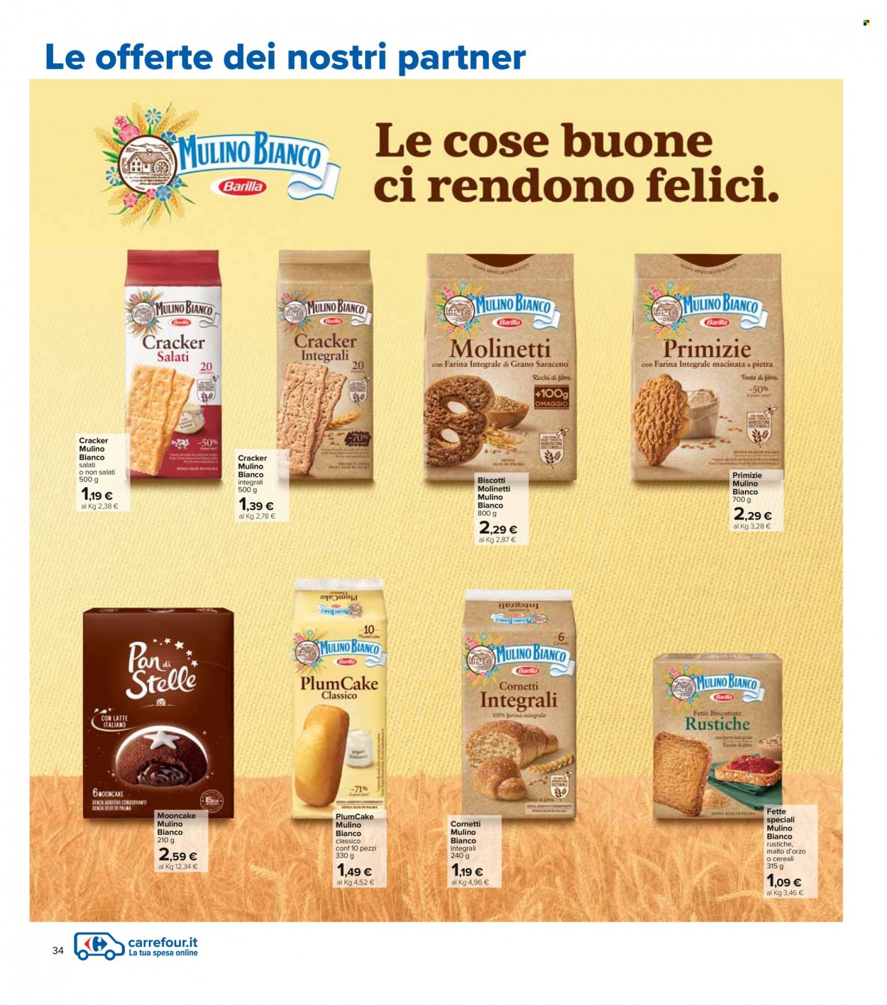 thumbnail - Volantino Carrefour - 17/11/2021 - 29/11/2021 - Prodotti in offerta - crackers, fette biscottate, Mulino Bianco, plumcake, croissant, biscotti, Barilla, cereali, orzo. Pagina 34.