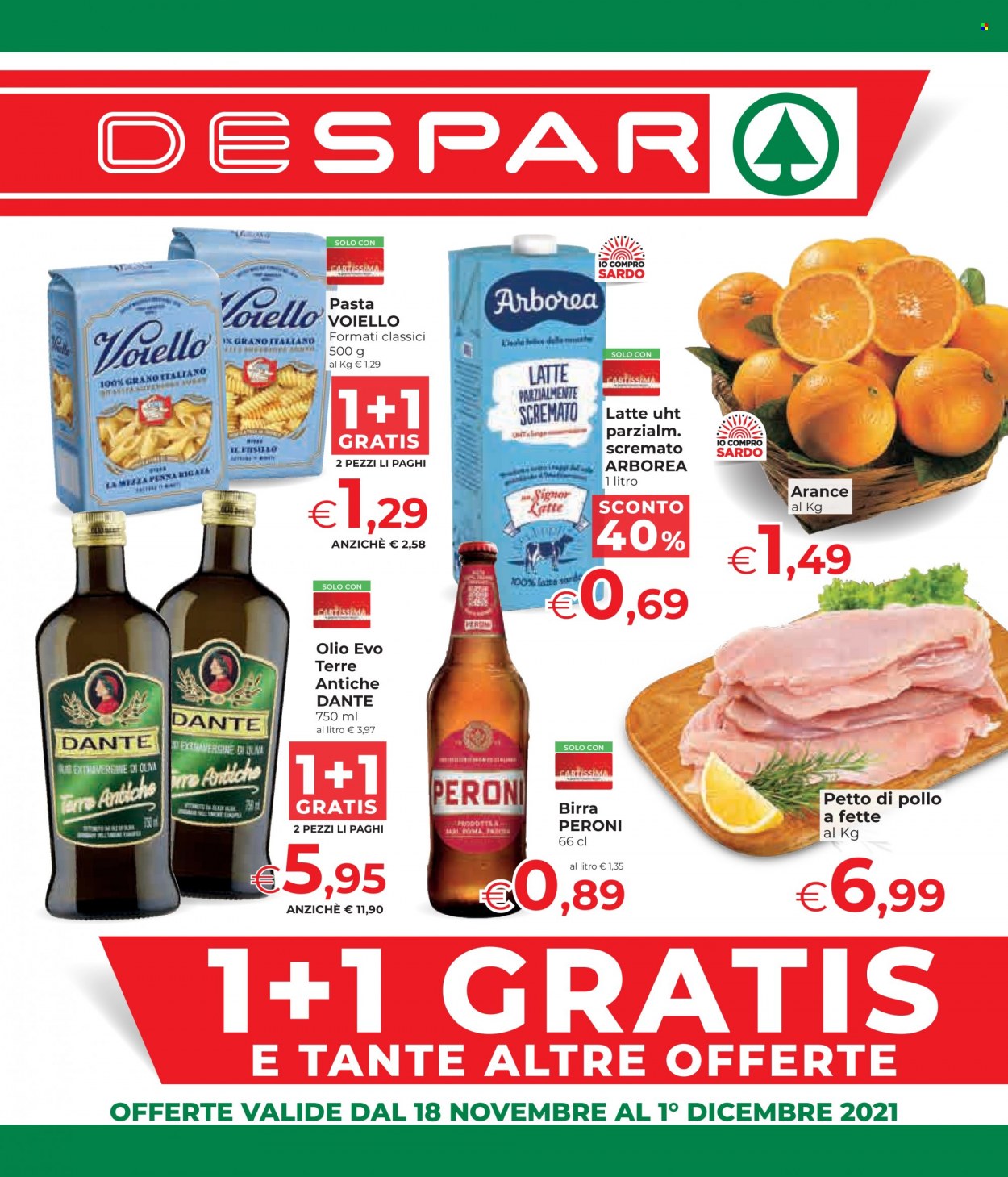 thumbnail - Volantino Despar - 18/11/2021 - 1/12/2021 - Prodotti in offerta - Peroni, birra, arance, petto di pollo, Arborea, pasta. Pagina 1.