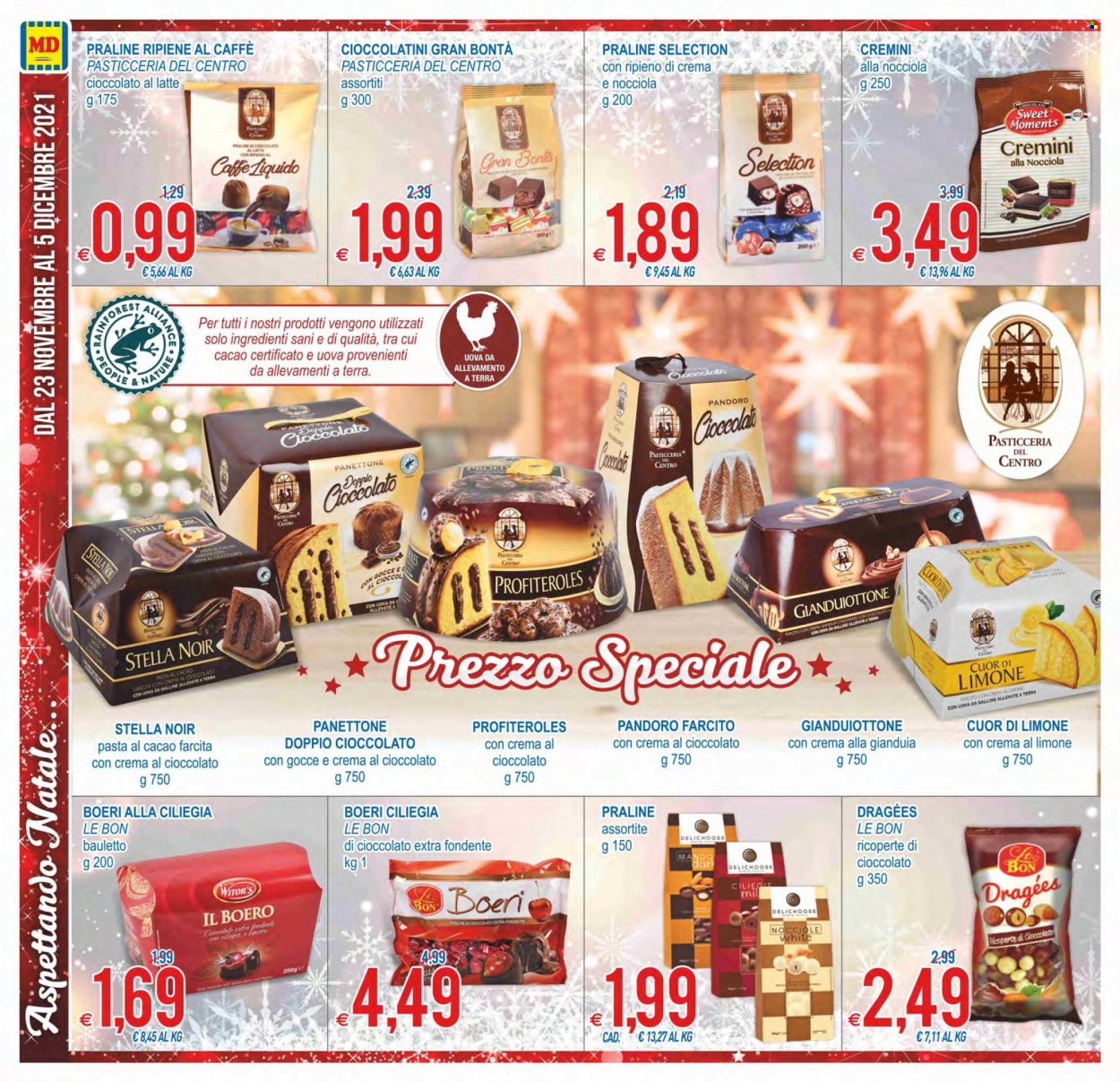 thumbnail - Volantino MD Discount - 23/11/2021 - 5/12/2021 - Prodotti in offerta - bauletto, pandoro, panettone, profiteroles, cioccolato al latte, praline, cioccolatini. Pagina 10.