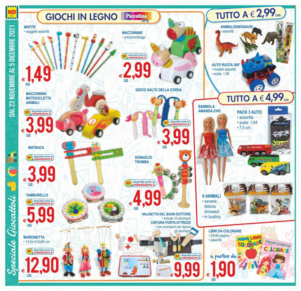 thumbnail - Volantino MD Discount - 23/11/2021 - 5/12/2021 - Prodotti in offerta - matita, valigetta, bambola, dinosauri, unicorno, giocattoli, gioco, scala, corda, ruota. Pagina 18.