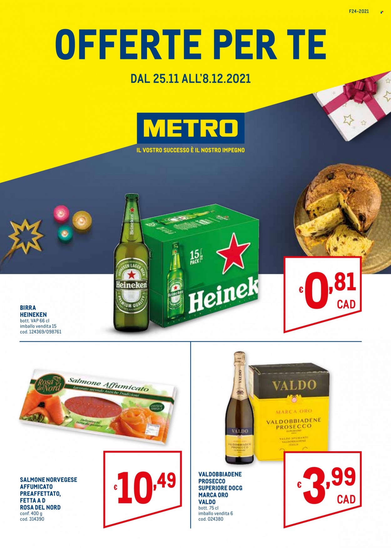 thumbnail - Volantino Metro - 25/11/2021 - 8/12/2021 - Prodotti in offerta - Heineken, birra, birra tipo lager, salmone affumicato, salmone norvegese affumicato, Valdobbiadene, Prosecco. Pagina 1.
