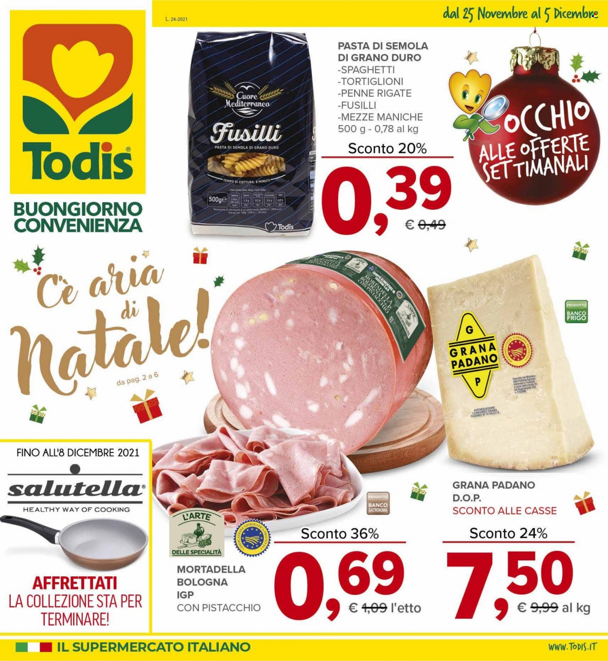 thumbnail - Volantino Todis - 25/11/2021 - 5/12/2021 - Prodotti in offerta - mortadella, formaggio, Grana Padano, spaghetti, pasta, penne, fusilli. Pagina 1.