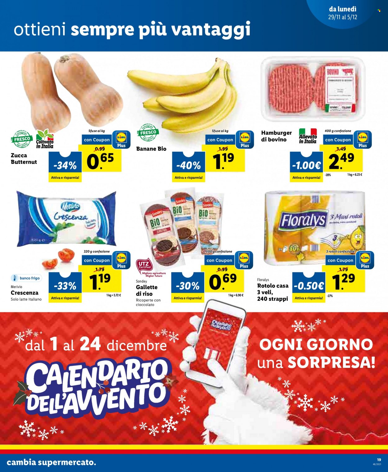 thumbnail - Volantino Lidl - 29/11/2021 - 5/12/2021 - Prodotti in offerta - zucca, banane, hamburger, gallette, formaggio, crescenza. Pagina 19.