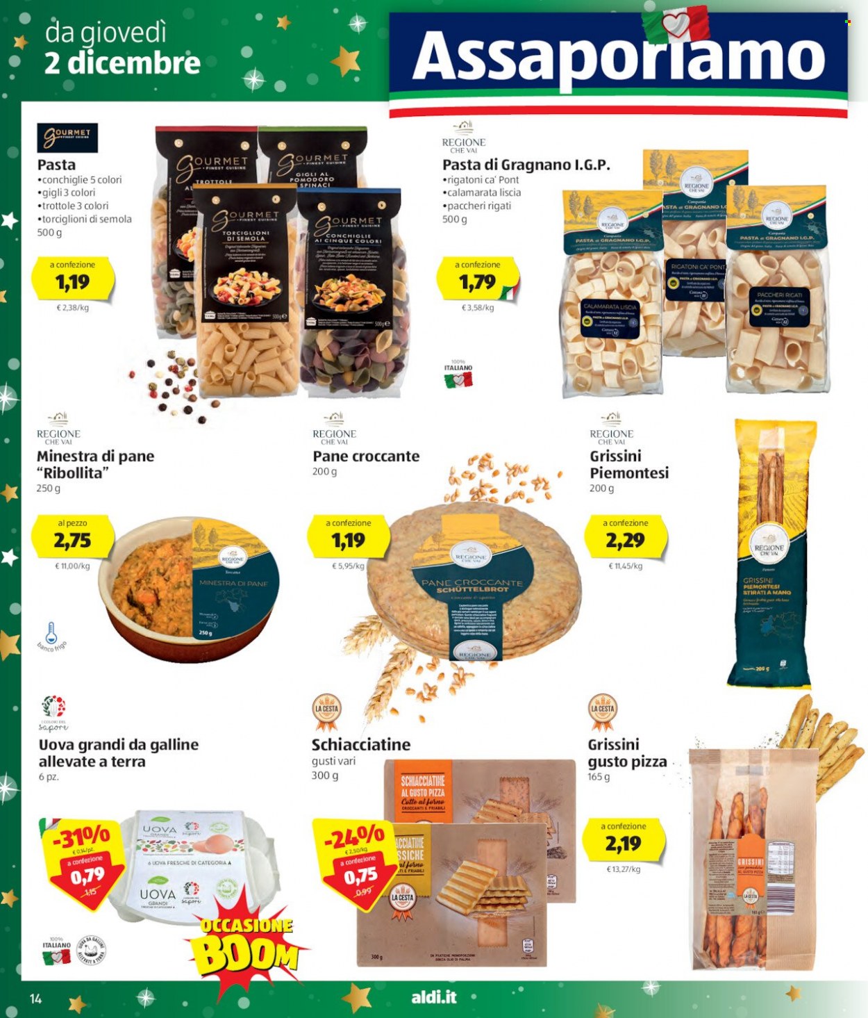 thumbnail - Volantino Aldi - 2/12/2021 - 11/12/2021 - Prodotti in offerta - LG, pane, uova, grissini, pasta, gigli, paccheri. Pagina 14.