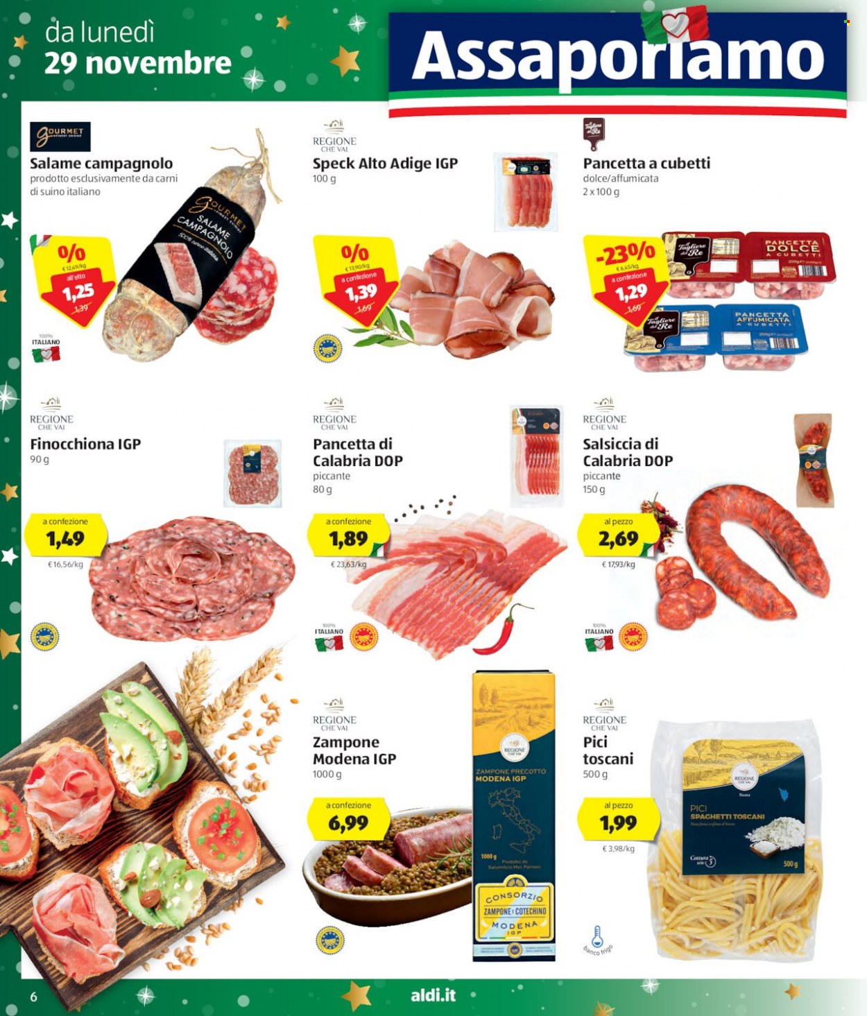 thumbnail - Volantino Aldi - 29/11/2021 - 5/12/2021 - Prodotti in offerta - salsiccia, suino, speck, pancetta, salsiccia stagionata, cotechino, zampone, spaghetti, tagliere. Pagina 6.