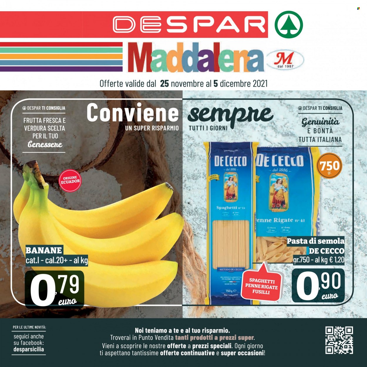 thumbnail - Volantino Despar - 25/11/2021 - 5/12/2021 - Prodotti in offerta - banane, De Cecco, spaghetti, pasta, penne, fusilli. Pagina 1.