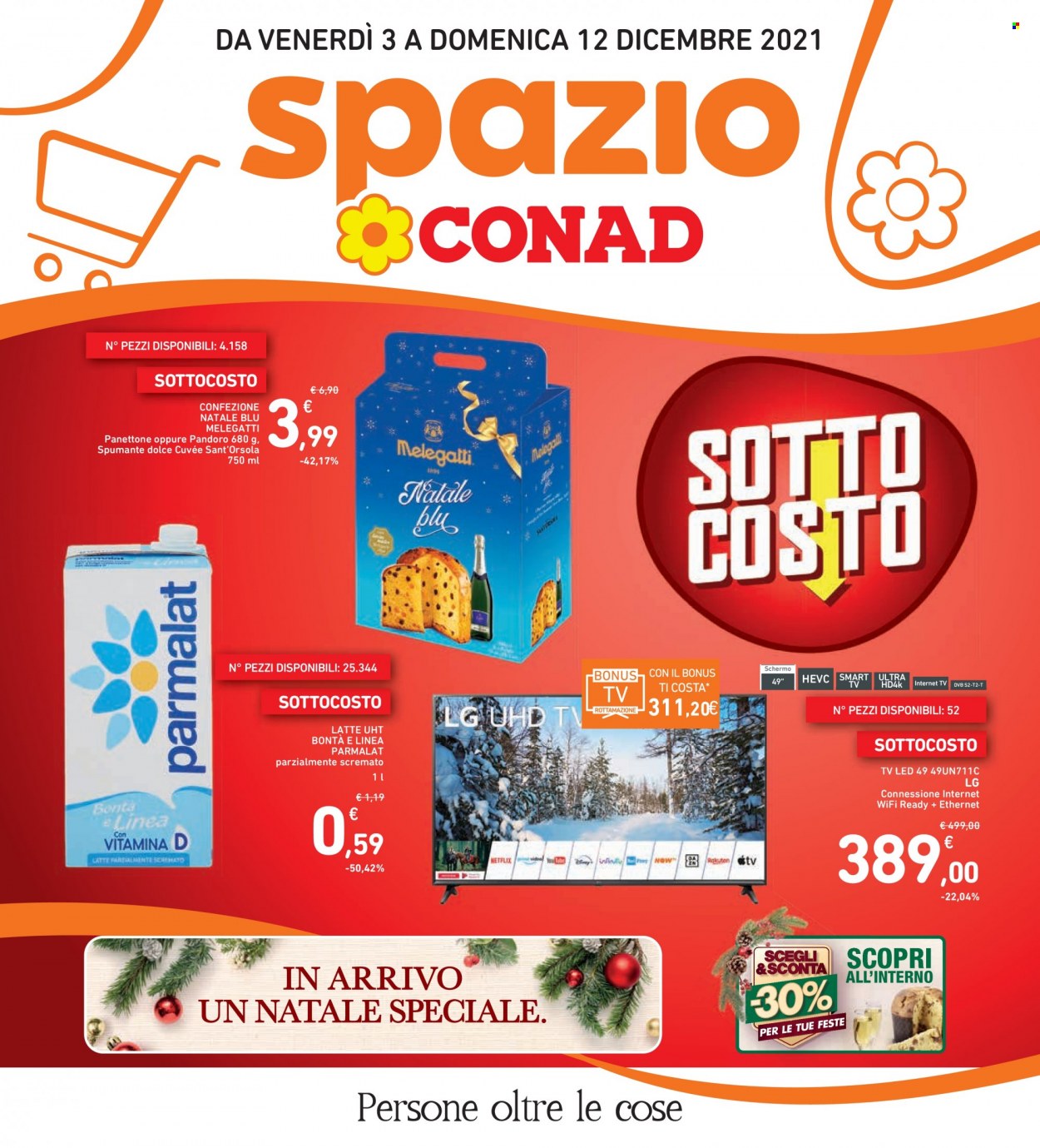 thumbnail - Volantino Conad - 3/12/2021 - 12/12/2021 - Prodotti in offerta - LG, pandoro, panettone, Parmalat, latte, Spumante, LED TV, televisore. Pagina 1.