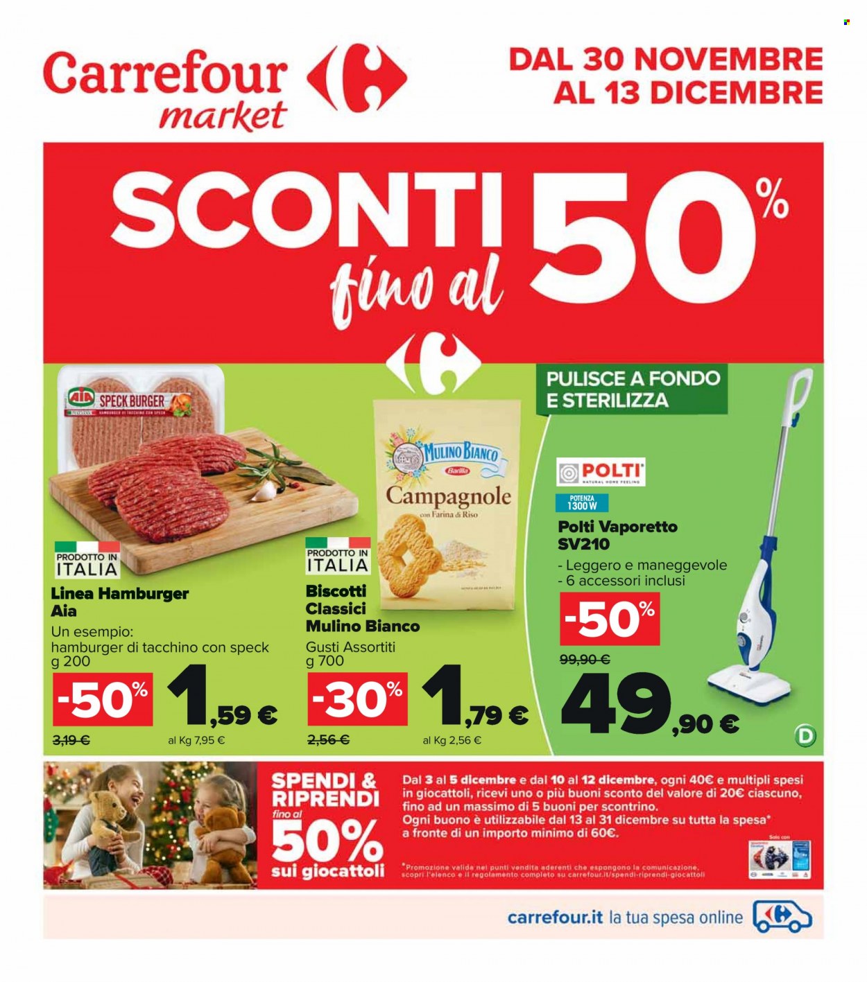 thumbnail - Volantino Carrefour - 30/11/2021 - 13/12/2021 - Prodotti in offerta - Mulino Bianco, AIA, hamburger, hamburger di tacchino, biscotti, farina di riso, Vaporetto, giocattoli. Pagina 1.