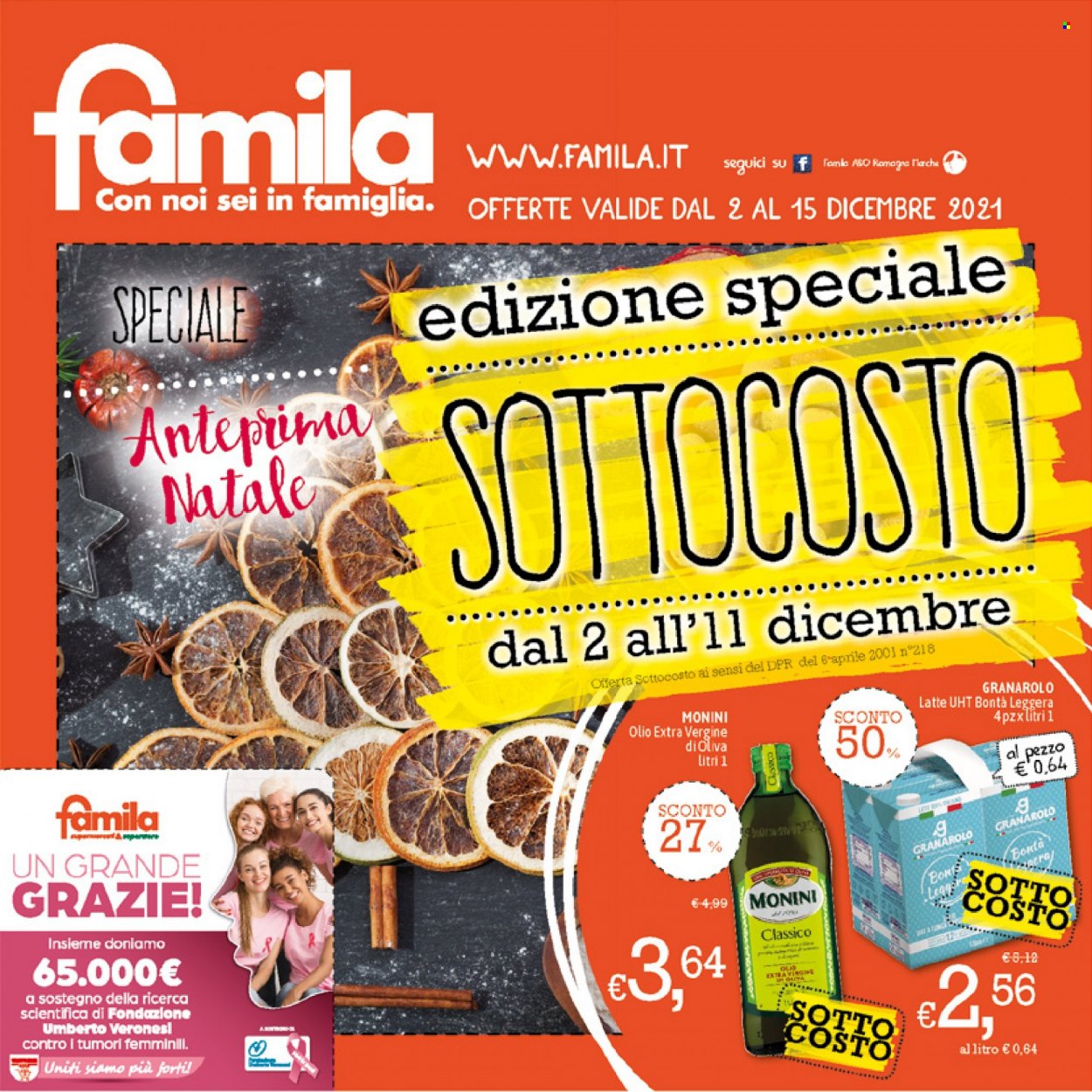 thumbnail - Volantino Famila - 2/12/2021 - 15/12/2021 - Prodotti in offerta - Granarolo, latte, olio, olio extra vergine di oliva, Monini. Pagina 1.