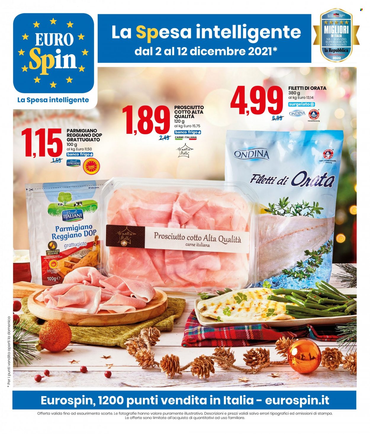 thumbnail - Volantino EuroSpin - 2/12/2021 - 12/12/2021 - Prodotti in offerta - orata, prosciutto, prosciutto cotto, formaggio, parmigiano. Pagina 1.