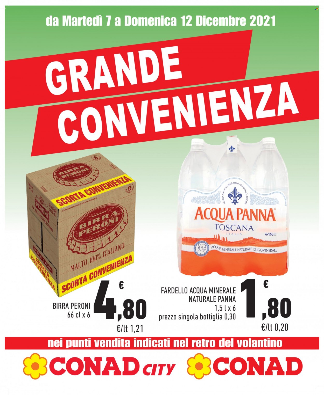 thumbnail - Volantino Conad - 7/12/2021 - 12/12/2021 - Prodotti in offerta - Peroni, birra, acqua minerale, Acqua Panna. Pagina 1.
