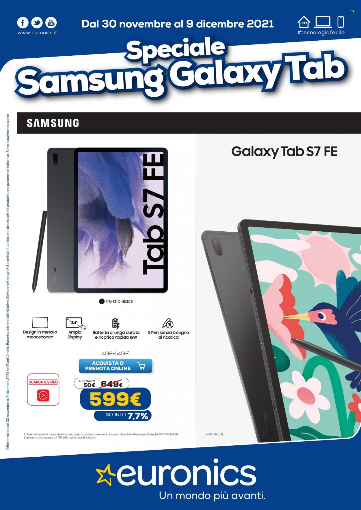 thumbnail - Volantino Euronics - 30/11/2021 - 9/12/2021 - Prodotti in offerta - Samsung Galaxy Tab, Samsung. Pagina 1.