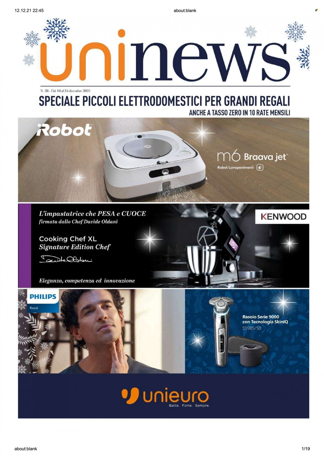 thumbnail - Volantino Unieuro - 10/12/2021 - 24/12/2021 - Prodotti in offerta - Philips, robot, impastatrice, Kenwood, robot lavapavimenti, Braava, rasoio. Pagina 1.