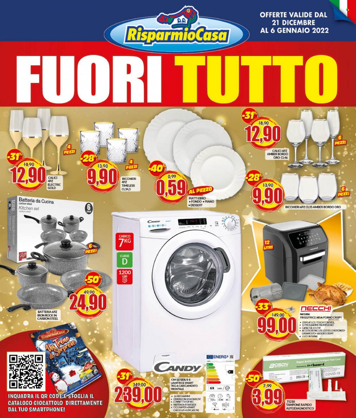 thumbnail - Volantino Risparmio Casa - 21/12/2021 - 6/1/2022 - Prodotti in offerta - bicchieri, piatti, friggitrice, calice, Candy, forno, lavatrice, giocattoli. Pagina 1.