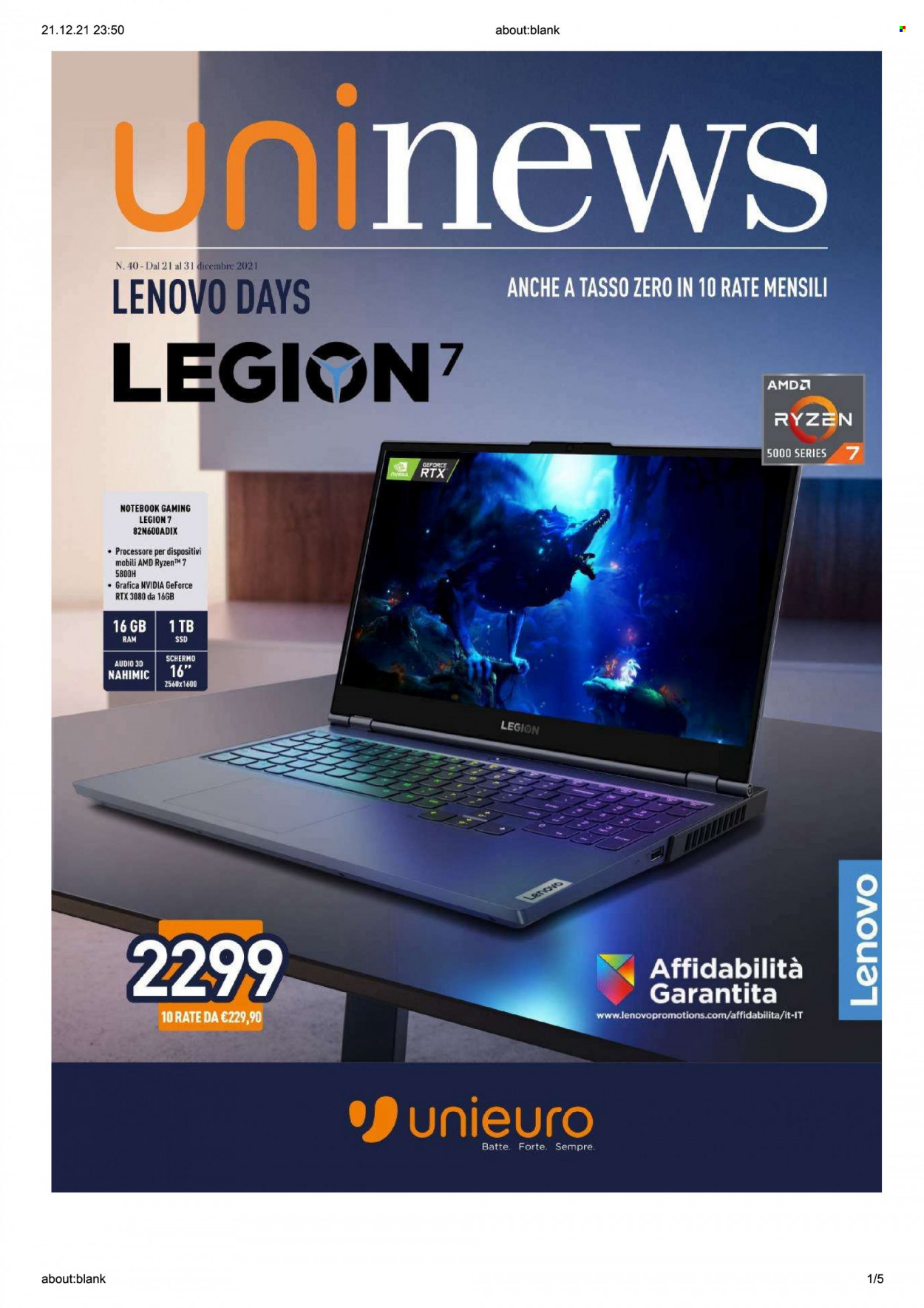 thumbnail - Volantino Unieuro - 21/12/2021 - 31/12/2021 - Prodotti in offerta - Lenovo, notebook, notebook gaming, nVidia, nVidia GeForce. Pagina 1.