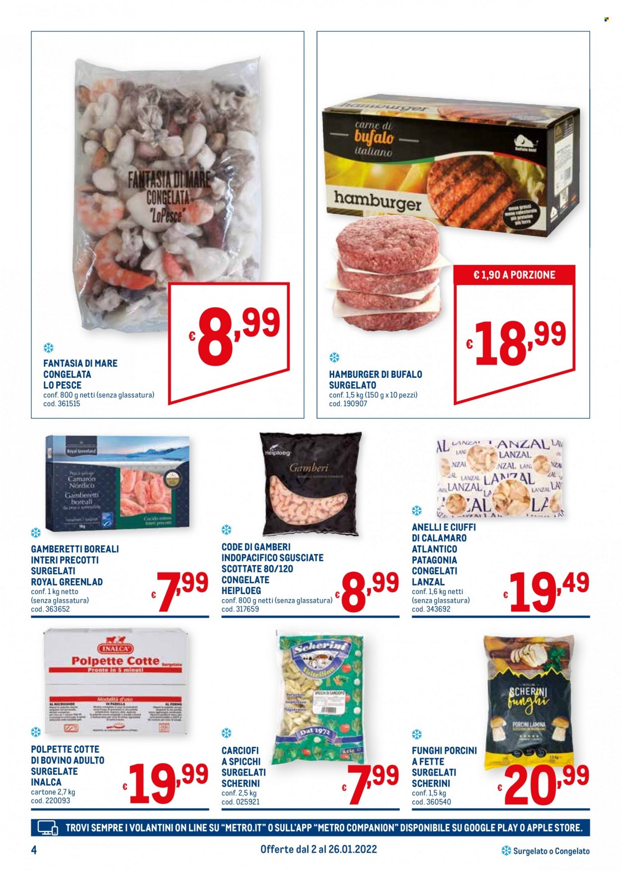 thumbnail - Volantino Metro - 2/1/2022 - 26/1/2022 - Prodotti in offerta - funghi porcini, carciofi, manzo, hamburger, polpette, calamari, pesce, gamberi, gamberetti, calamaro patagonico. Pagina 4.