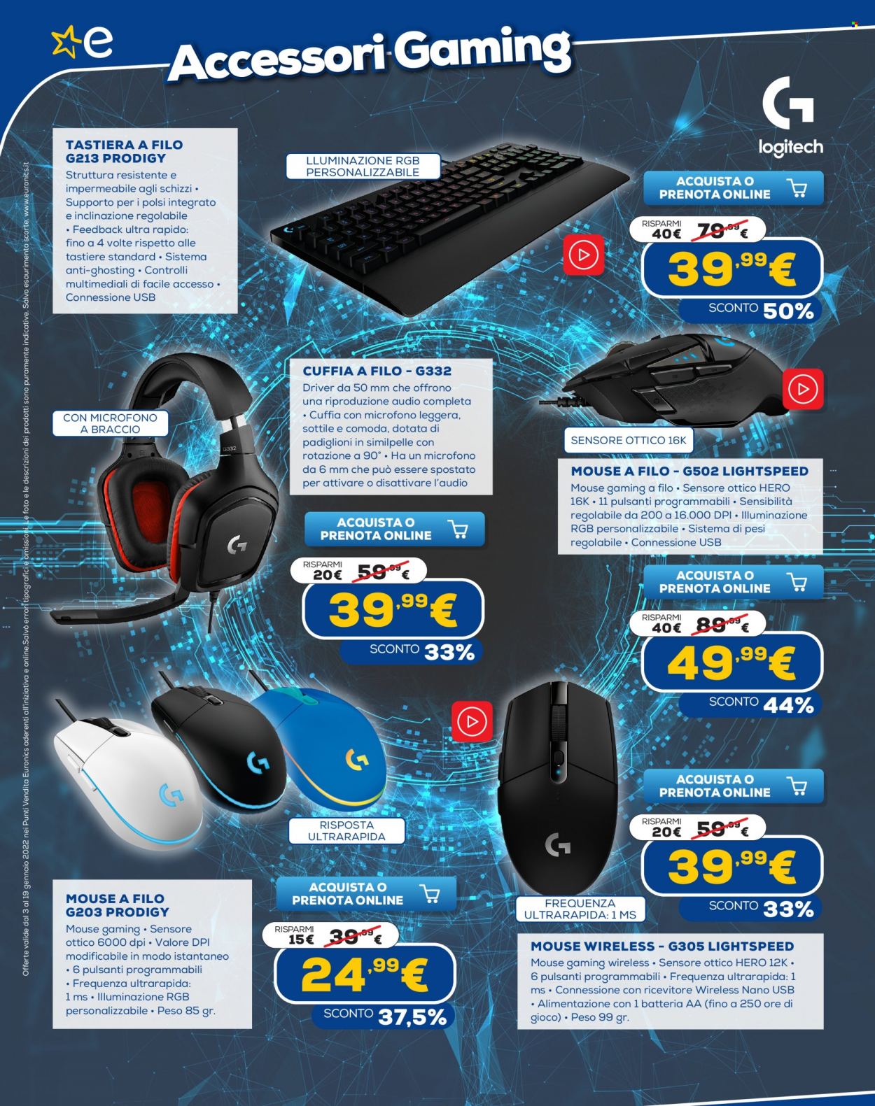 thumbnail - Volantino Euronics - 3/1/2022 - 19/1/2022 - Prodotti in offerta - tastiera, mouse, mouse da gaming, cuffia. Pagina 4.