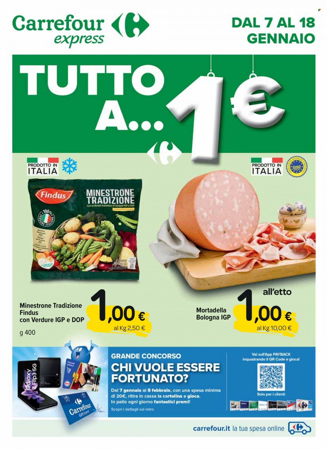 thumbnail - Volantino Carrefour - 7/1/2022 - 18/1/2022 - Prodotti in offerta - Findus, minestrone, mortadella. Pagina 1.