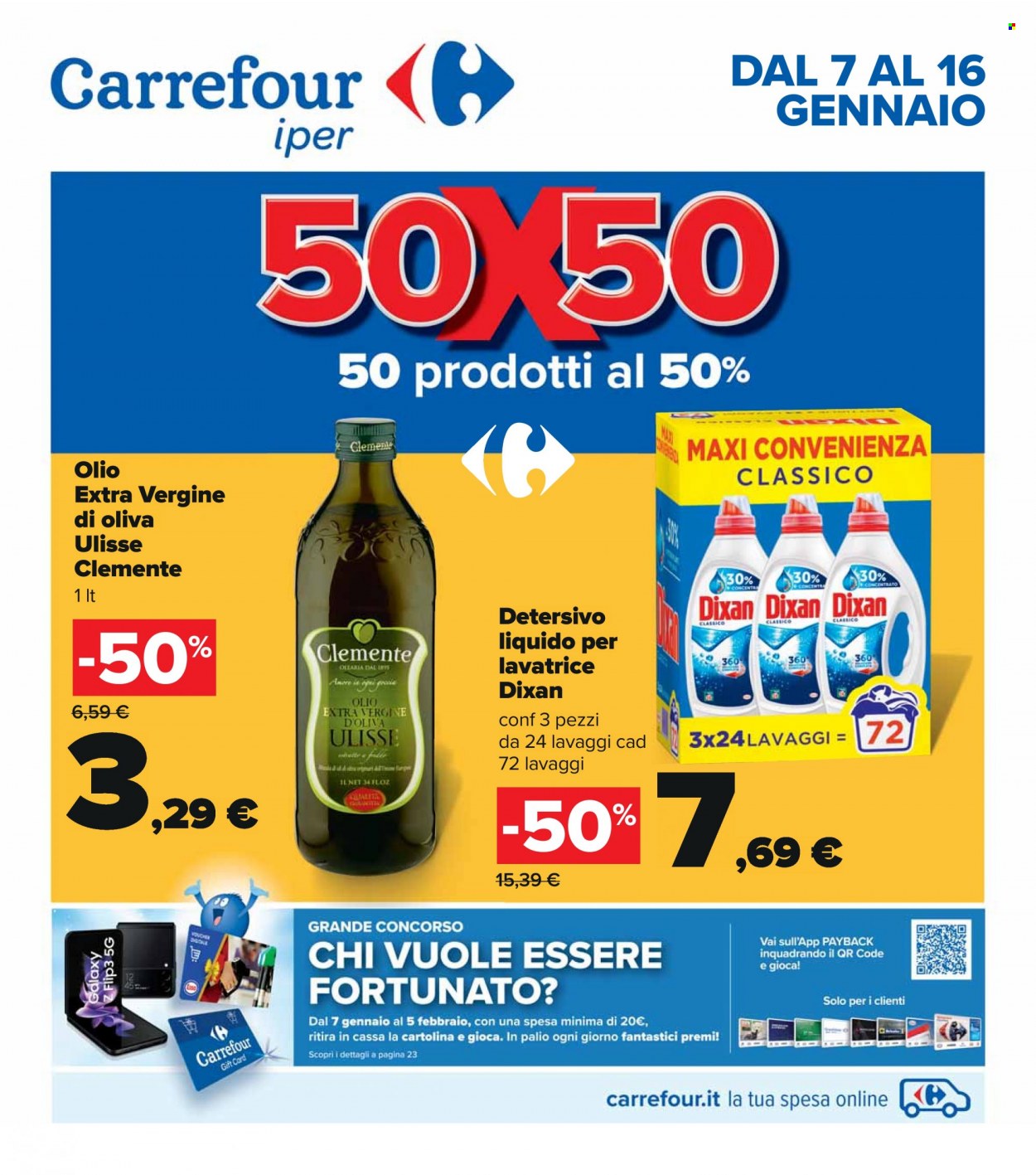 thumbnail - Volantino Carrefour - 7/1/2022 - 16/1/2022 - Prodotti in offerta - olio, olio extra vergine di oliva, Dixan, detersivo liquido per lavatrice, gioco. Pagina 1.