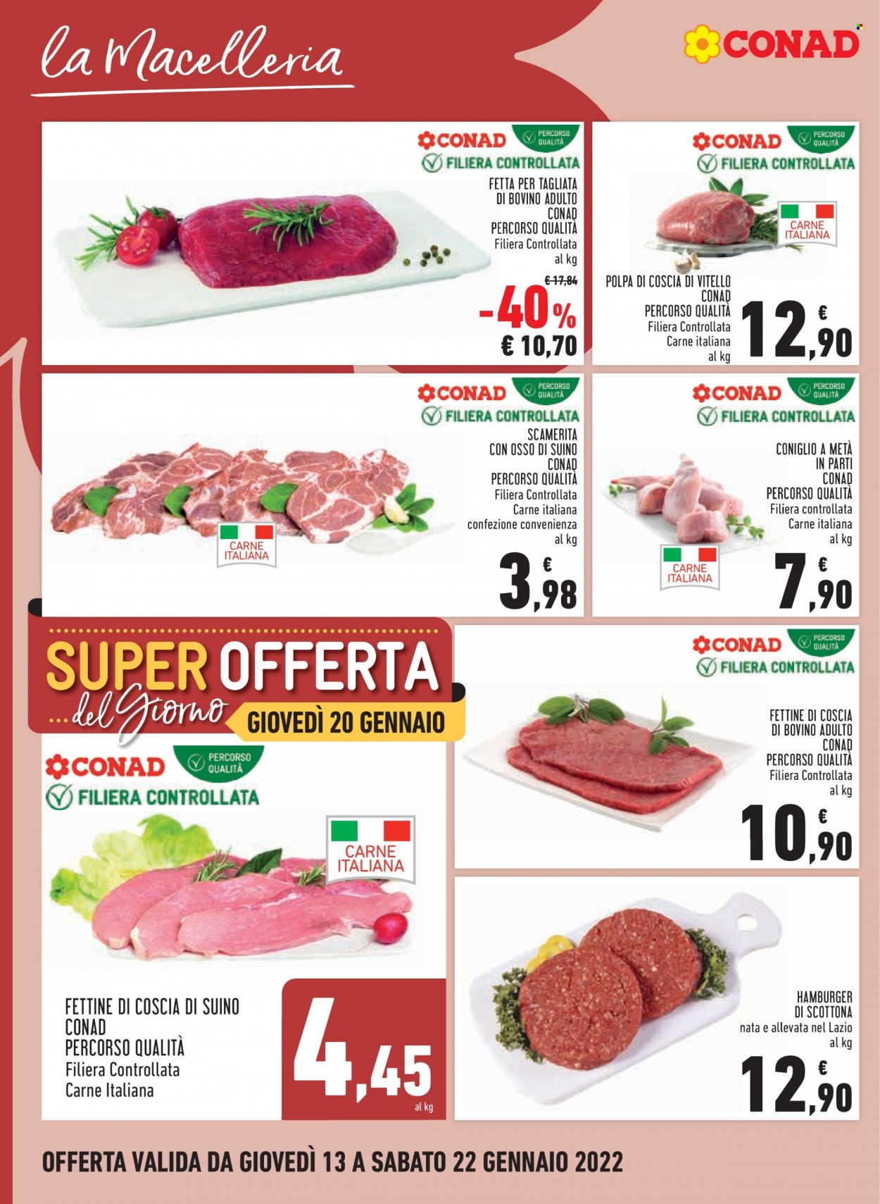 thumbnail - Volantino Conad - 13/1/2022 - 22/1/2022 - Prodotti in offerta - manzo, vitello, tagliata, scottona, hamburger, suino, coniglio intero. Pagina 8.