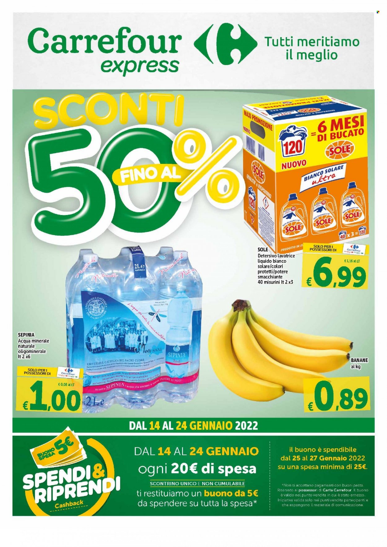 thumbnail - Volantino Carrefour - 14/1/2022 - 24/1/2022 - Prodotti in offerta - banane, acqua minerale, detersivo per lavatrice, detersivo liquido per lavatrice. Pagina 1.