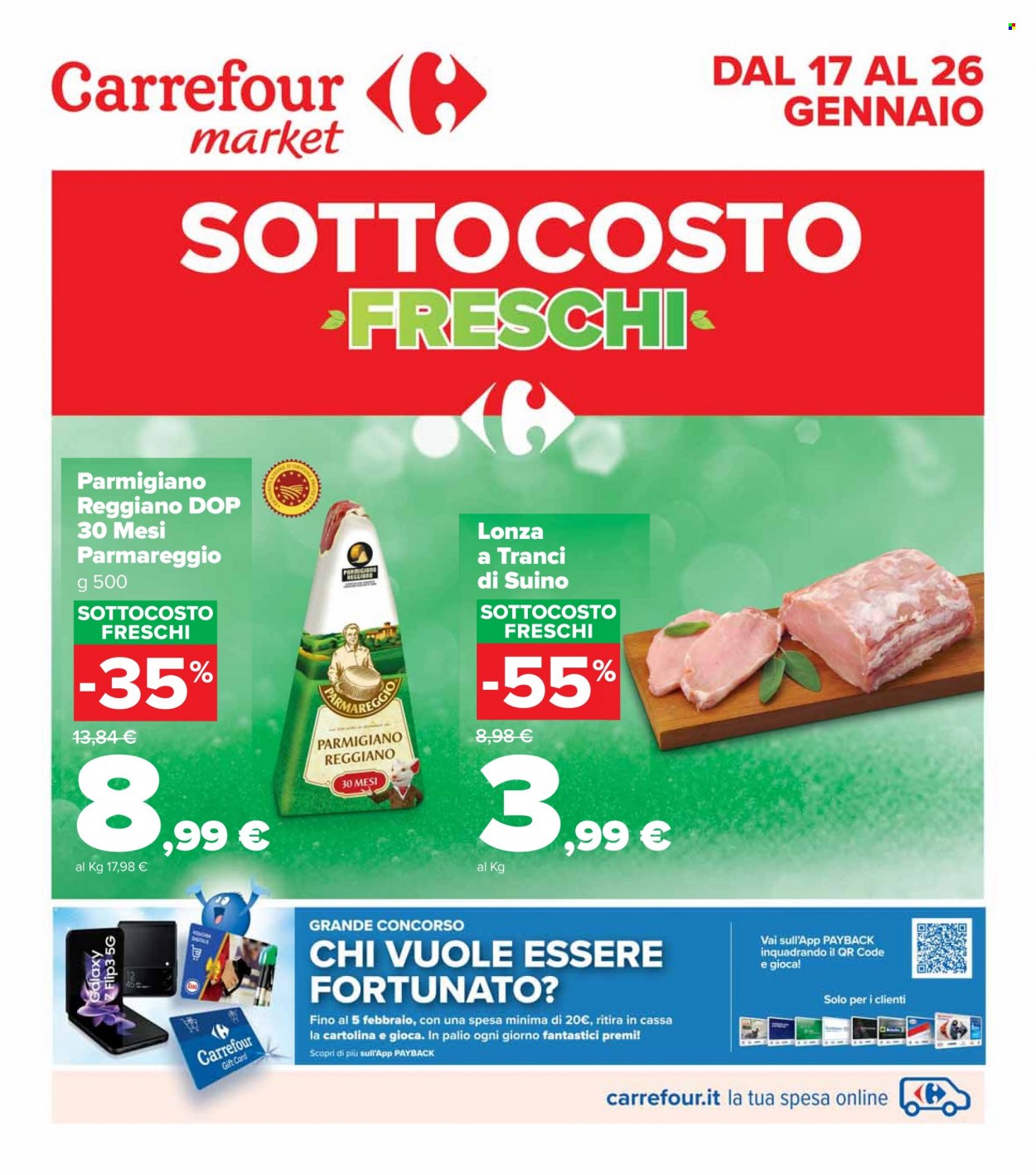 thumbnail - Volantino Carrefour - 17/1/2022 - 26/1/2022 - Prodotti in offerta - suino, formaggio, parmigiano, Parmareggio, gioco. Pagina 1.