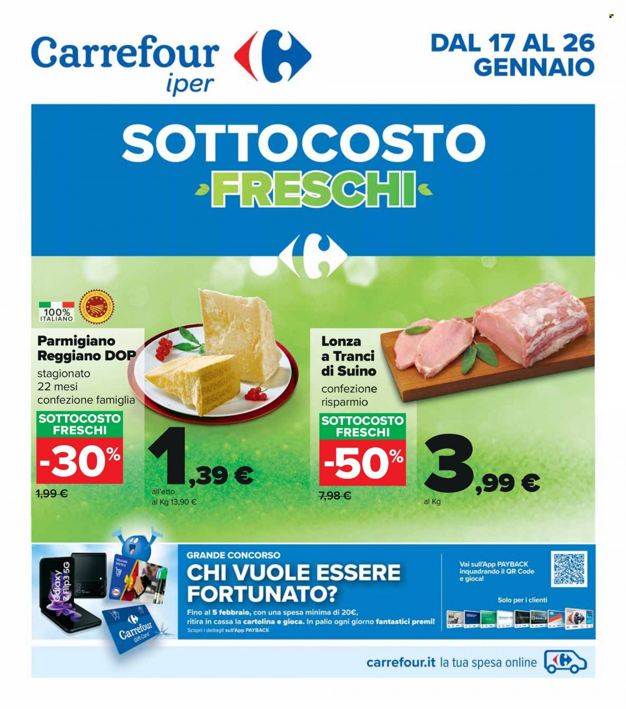 thumbnail - Volantino Carrefour - 17/1/2022 - 26/1/2022 - Prodotti in offerta - suino, formaggio, parmigiano, gioco. Pagina 1.