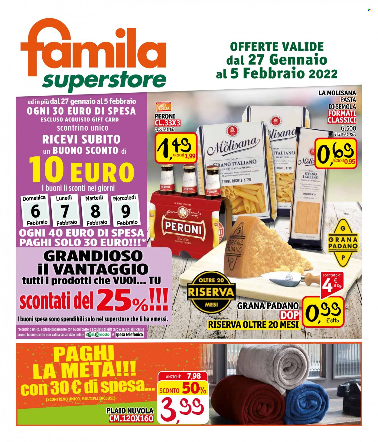 thumbnail - Volantino Famila - 27/1/2022 - 5/2/2022 - Prodotti in offerta - Peroni, birra, formaggio, Grana Padano, pasta, penne, plaid. Pagina 1.