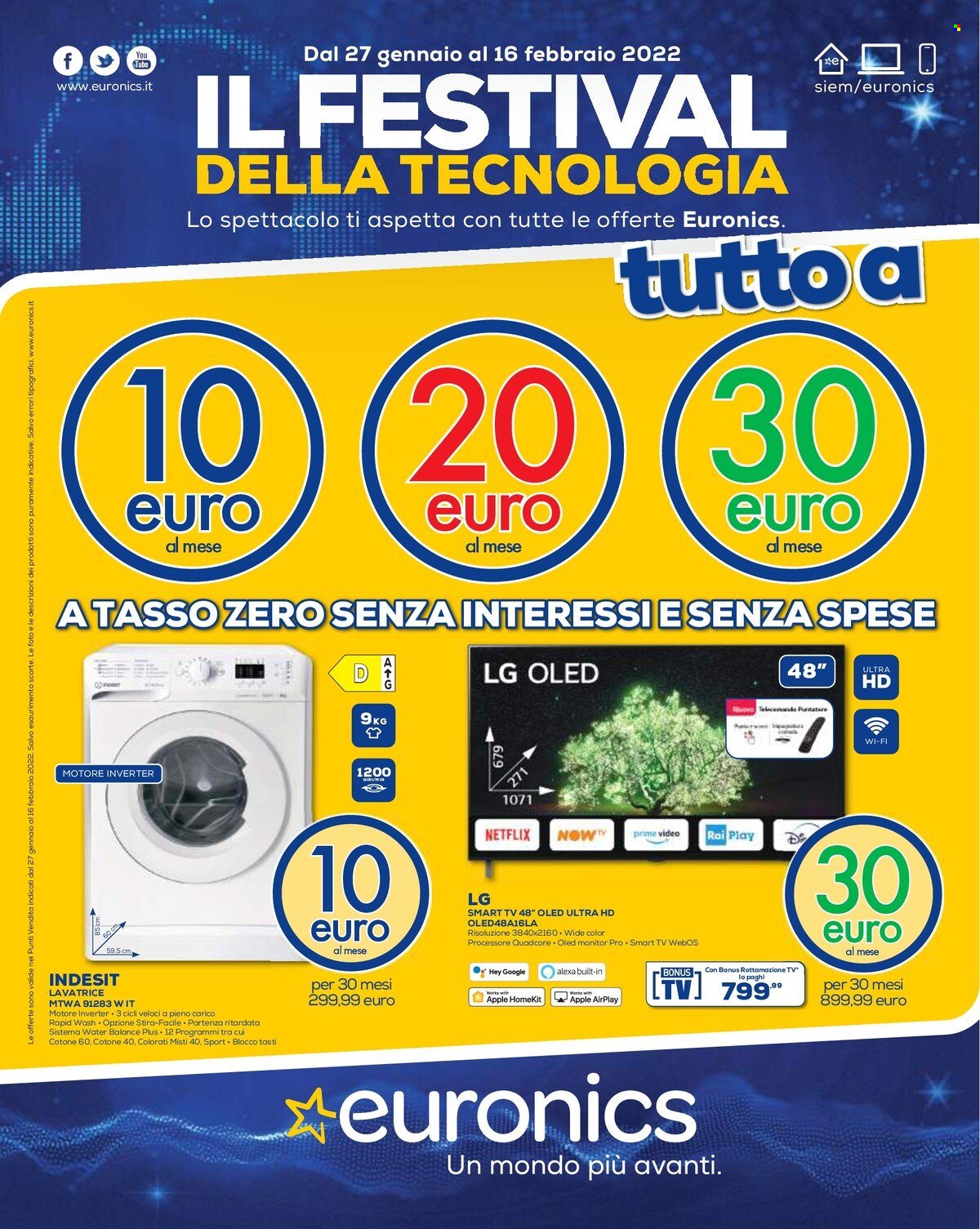 thumbnail - Volantino Euronics - 27/1/2022 - 16/2/2022 - Prodotti in offerta - LG, monitor, Smart TV, Ultra HD, televisore, Indesit, lavatrice. Pagina 1.