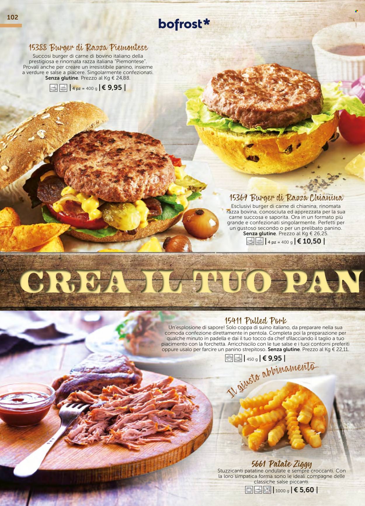 thumbnail - Volantino Bofrost - Prodotti in offerta - manzo, hamburger, coppa di suino, suino, patatine. Pagina 102.