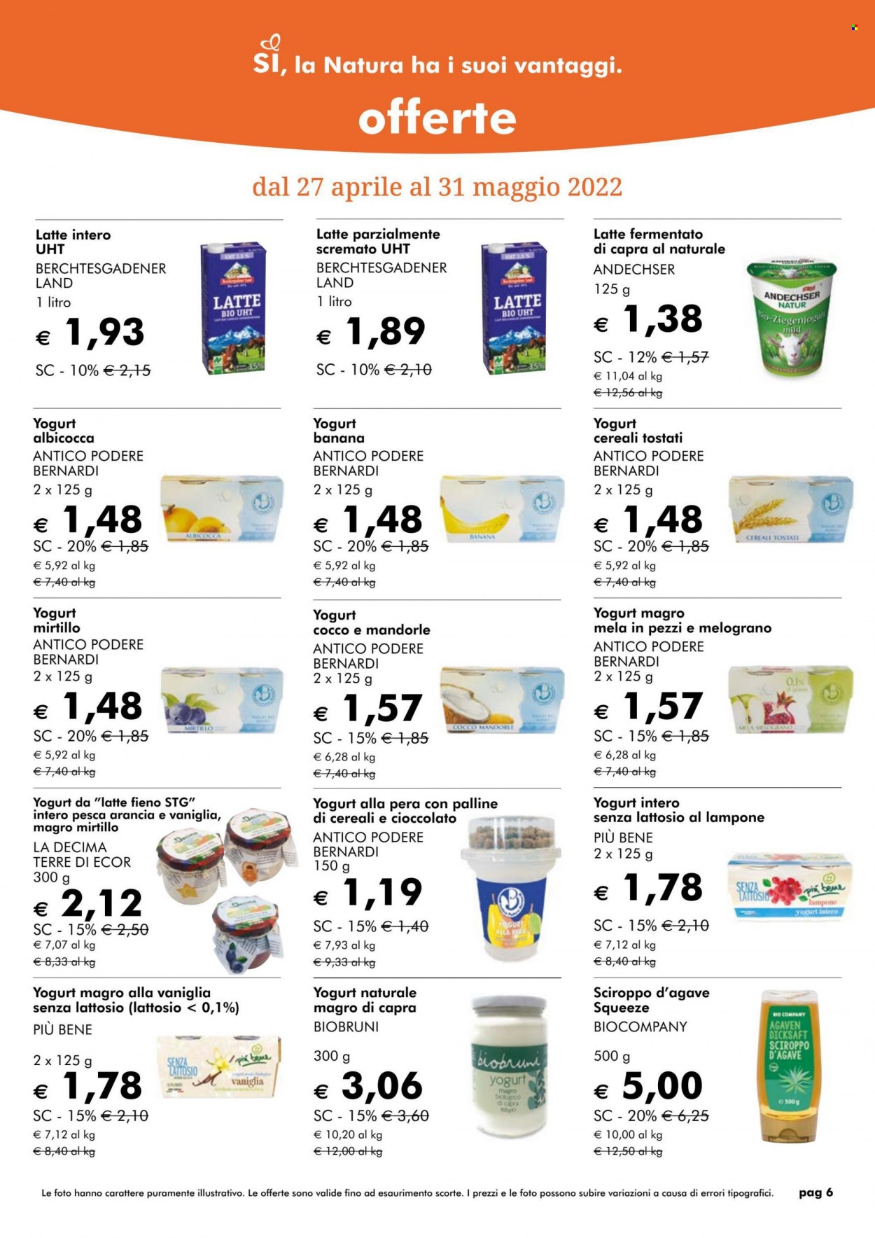 thumbnail - Volantino Natura Sì - Prodotti in offerta - yogurt, latte, palline di cereali, sciroppo d’agave, sciroppo. Pagina 6.