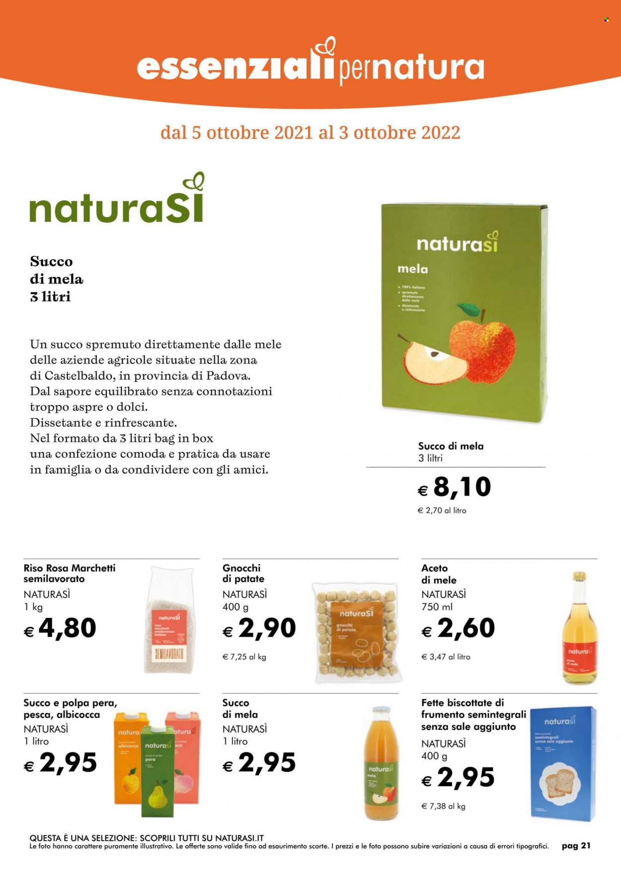 thumbnail - Volantino Natura Sì - Prodotti in offerta - fette biscottate, gnocchi, riso, aceto, aceto di mele, succo. Pagina 21.
