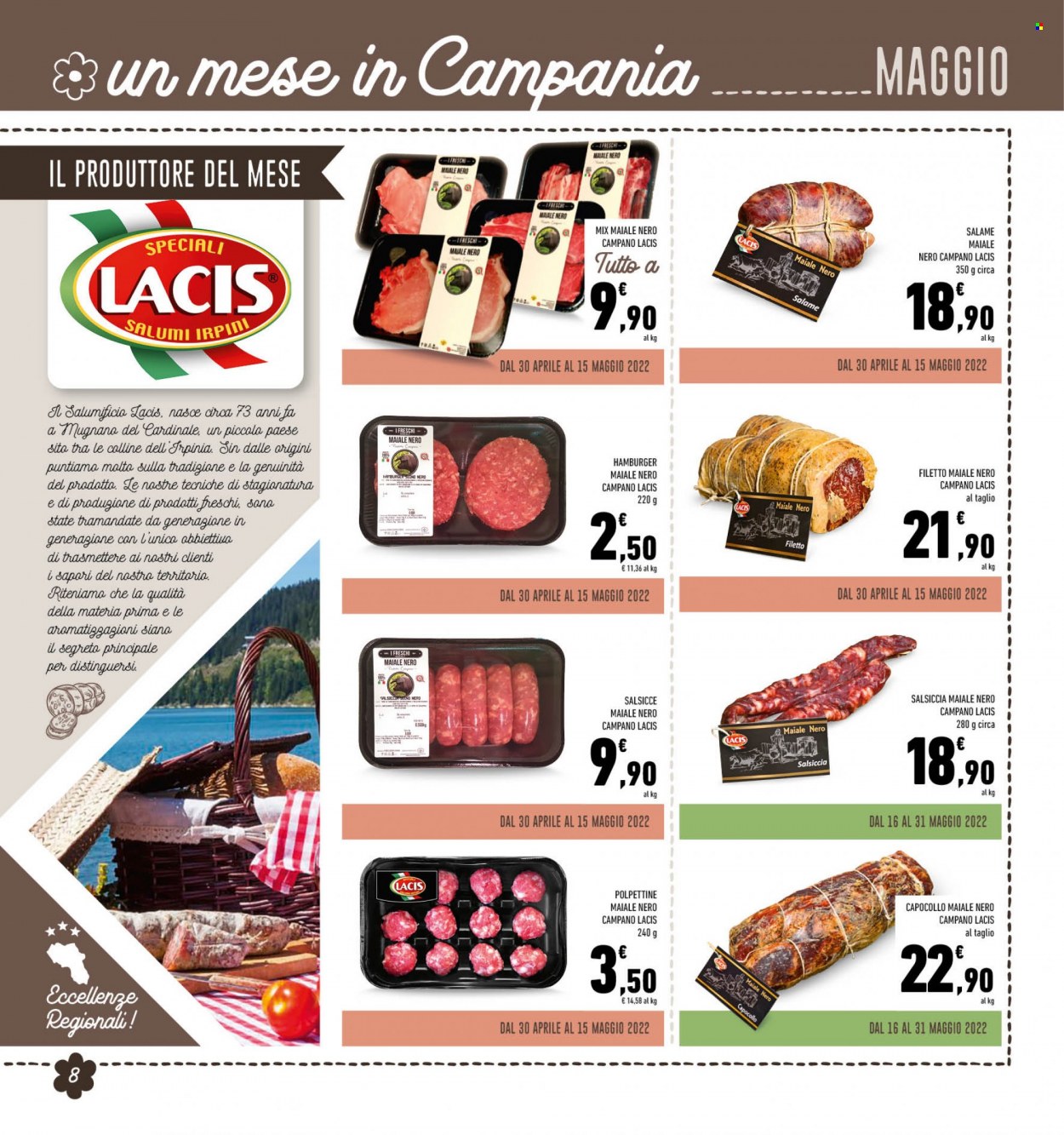 thumbnail - Volantino Conad - 1/5/2022 - 31/5/2022 - Prodotti in offerta - salsiccia, hamburger, polpettine, capocollo, salame. Pagina 8.