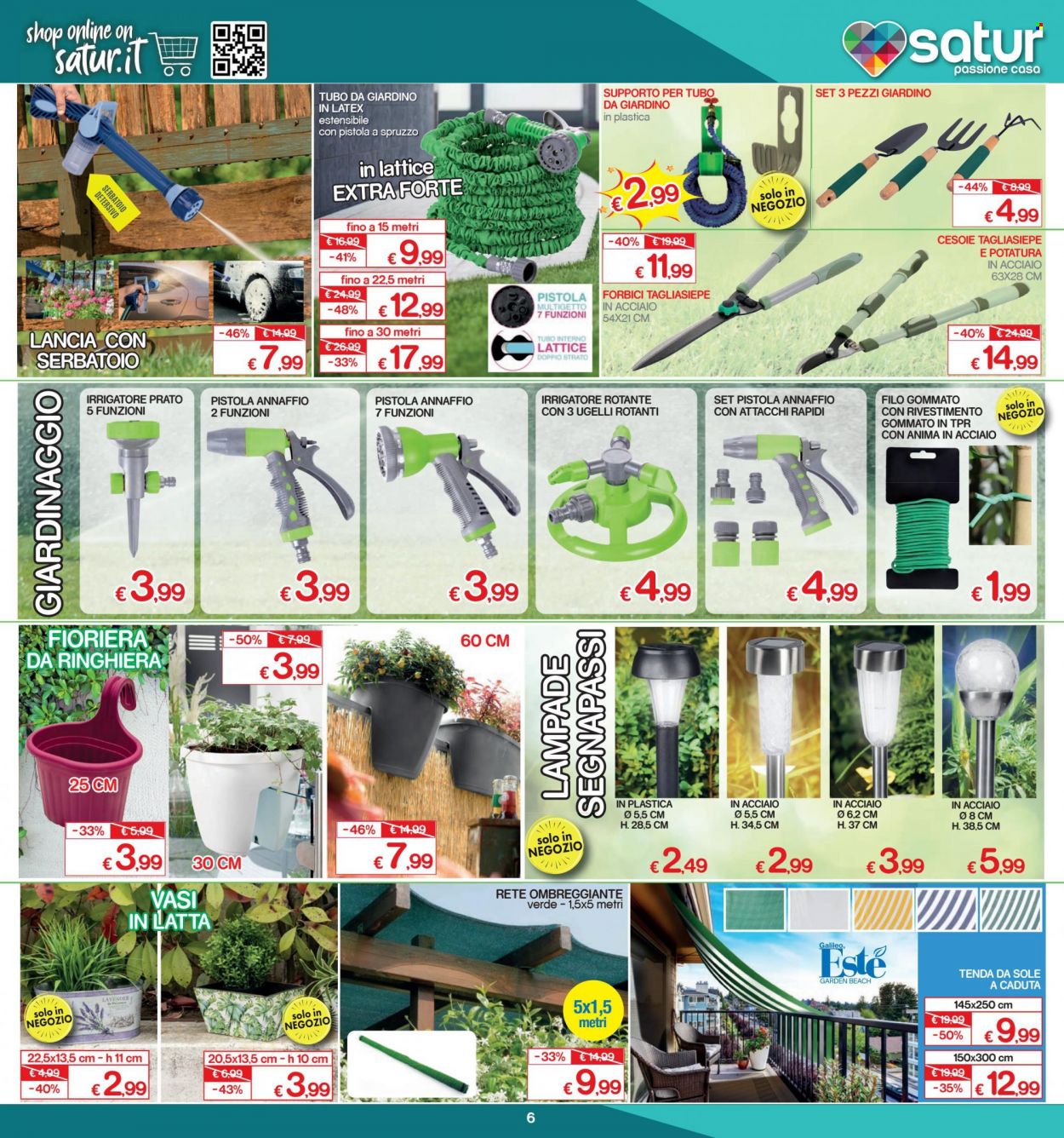 thumbnail - Volantino Satur - 29/4/2022 - 29/5/2022 - Prodotti in offerta - vaso, tenda, forbici, segnapasso spina, rete ombreggiante, fioriera, irrigatore. Pagina 6.