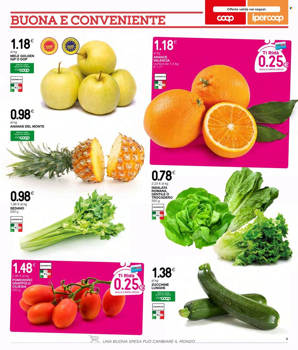 Volantino Coop - 5/5/2022 - 18/5/2022 - Prodotti in offerta - sedano, zucchine, pomodori, mele, ananas, arance, Del Monte. Pagina 11.