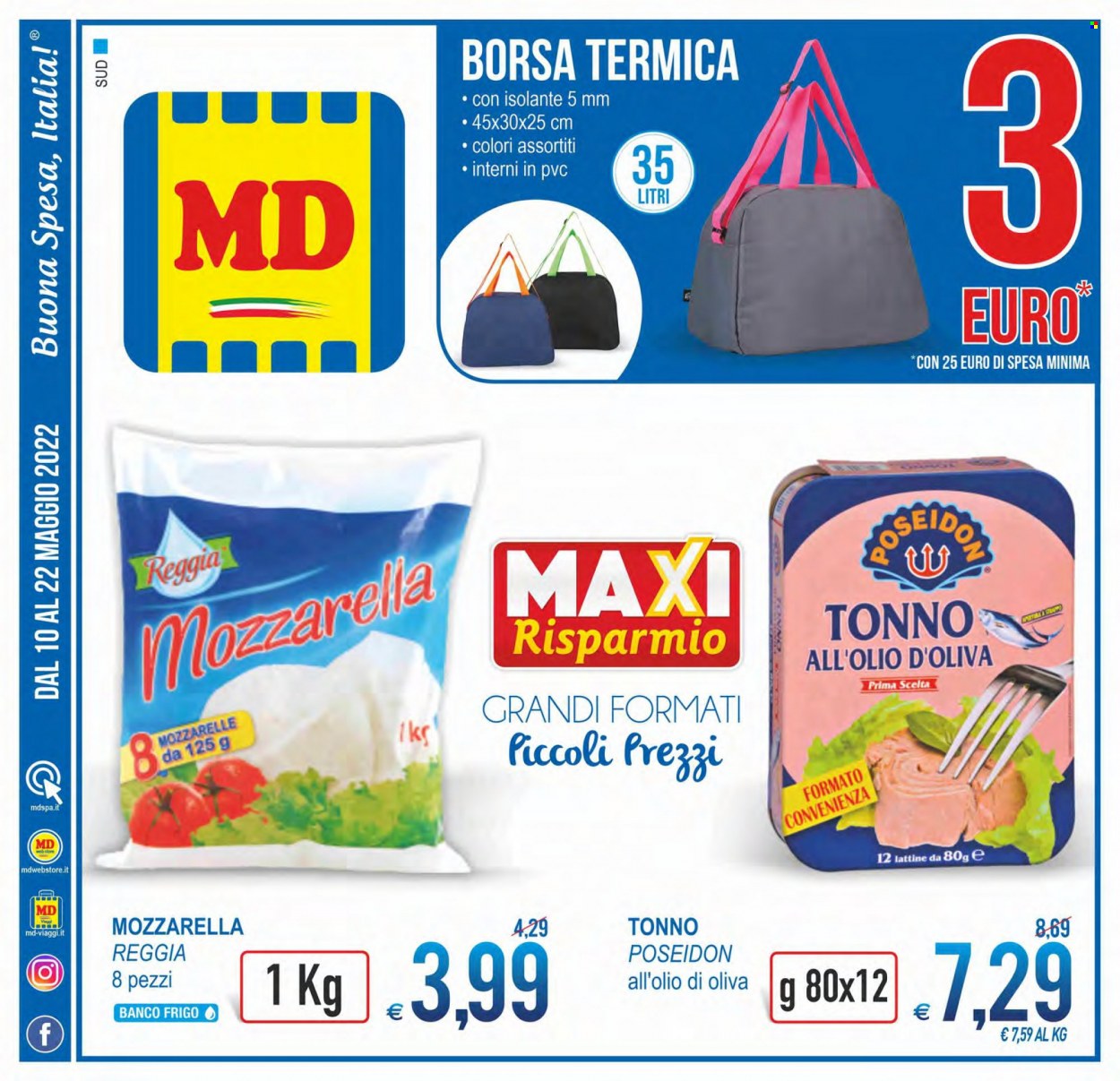 thumbnail - Volantino MD Discount - 10/5/2022 - 22/5/2022 - Prodotti in offerta - tonno, formaggio, mozzarella, tonno sott'olio, borsa. Pagina 1.