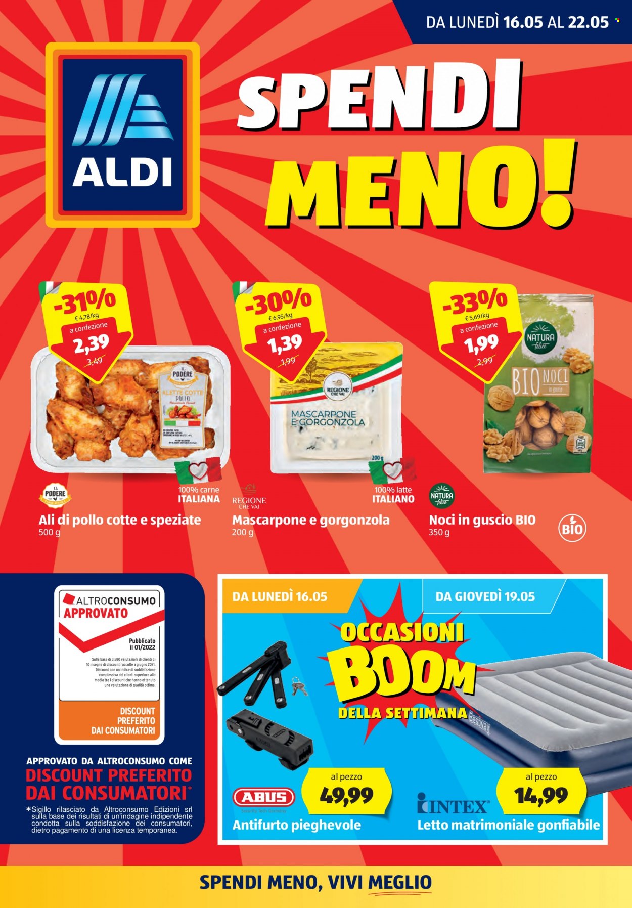thumbnail - Volantino Aldi - 16/5/2022 - 22/5/2022 - Prodotti in offerta - alette di pollo, formaggio, mascarpone, gorgonzola, noci. Pagina 1.