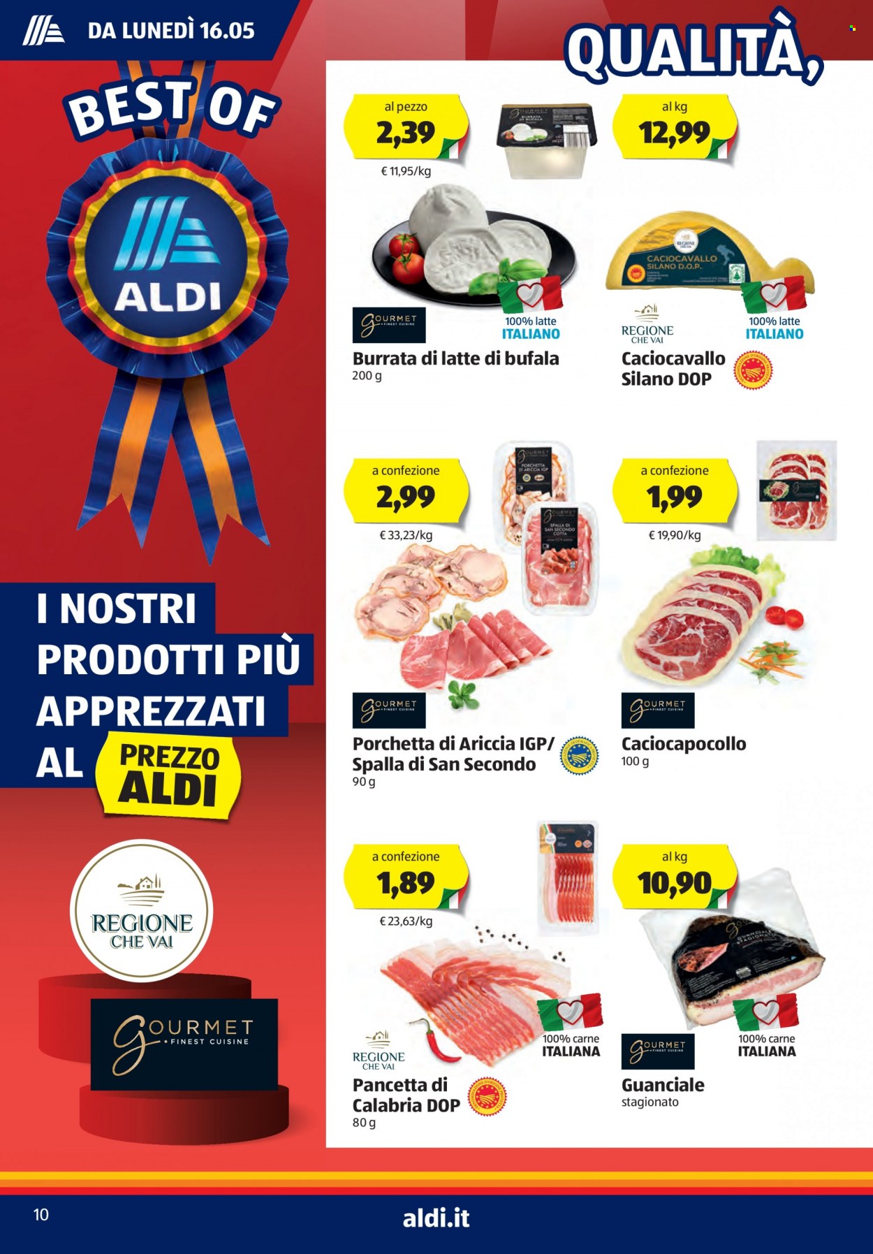 thumbnail - Volantino Aldi - 16/5/2022 - 22/5/2022 - Prodotti in offerta - pancetta, guanciale, porchetta, formaggio, burrata, caciocavallo, forchetta. Pagina 10.