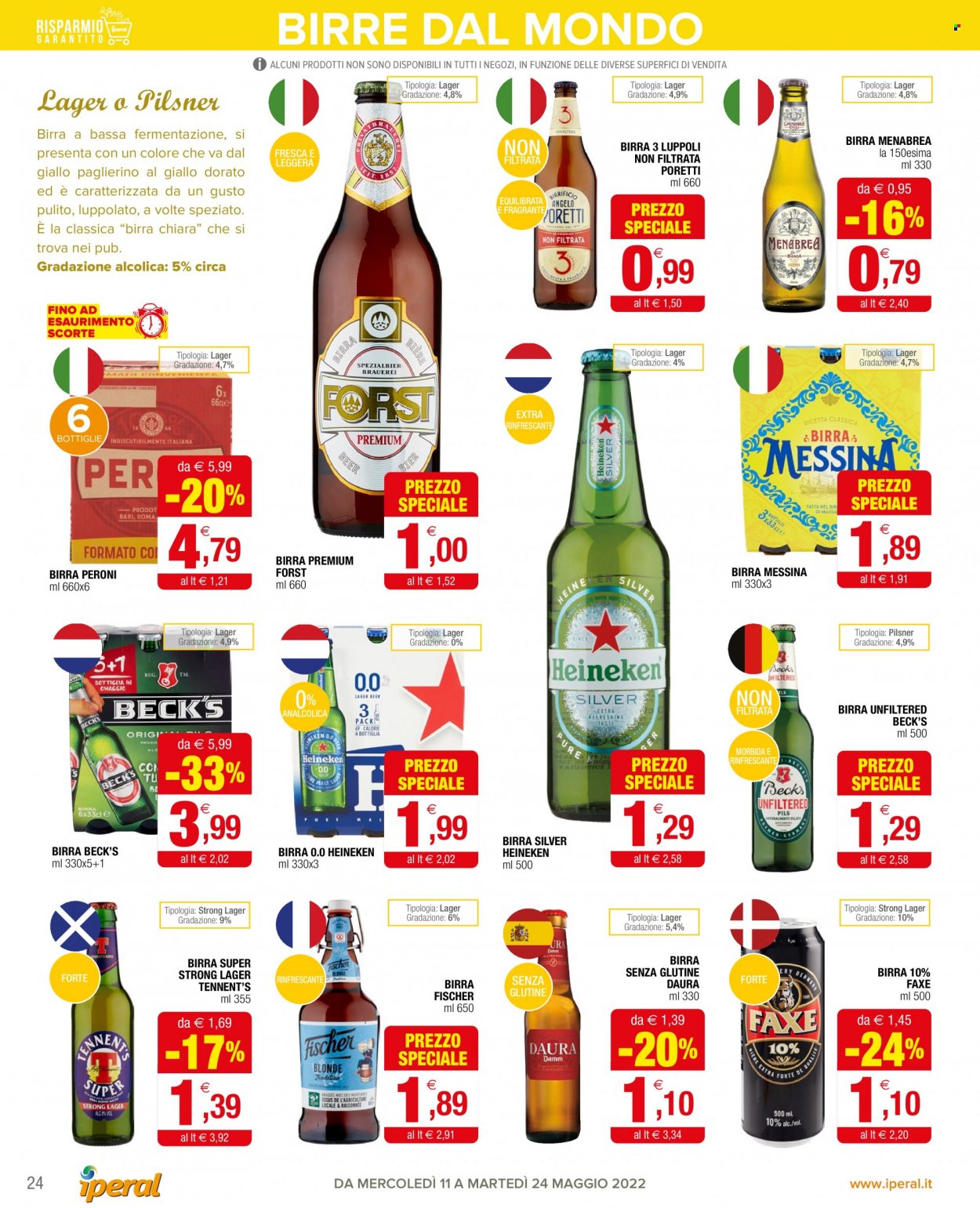 thumbnail - Volantino Iperal - 11/5/2022 - 24/5/2022 - Prodotti in offerta - Beck‘s, Heineken, Peroni, Angelo Poretti, birra, birra tipo lager, birra tipo pilsner, Tennent's. Pagina 24.