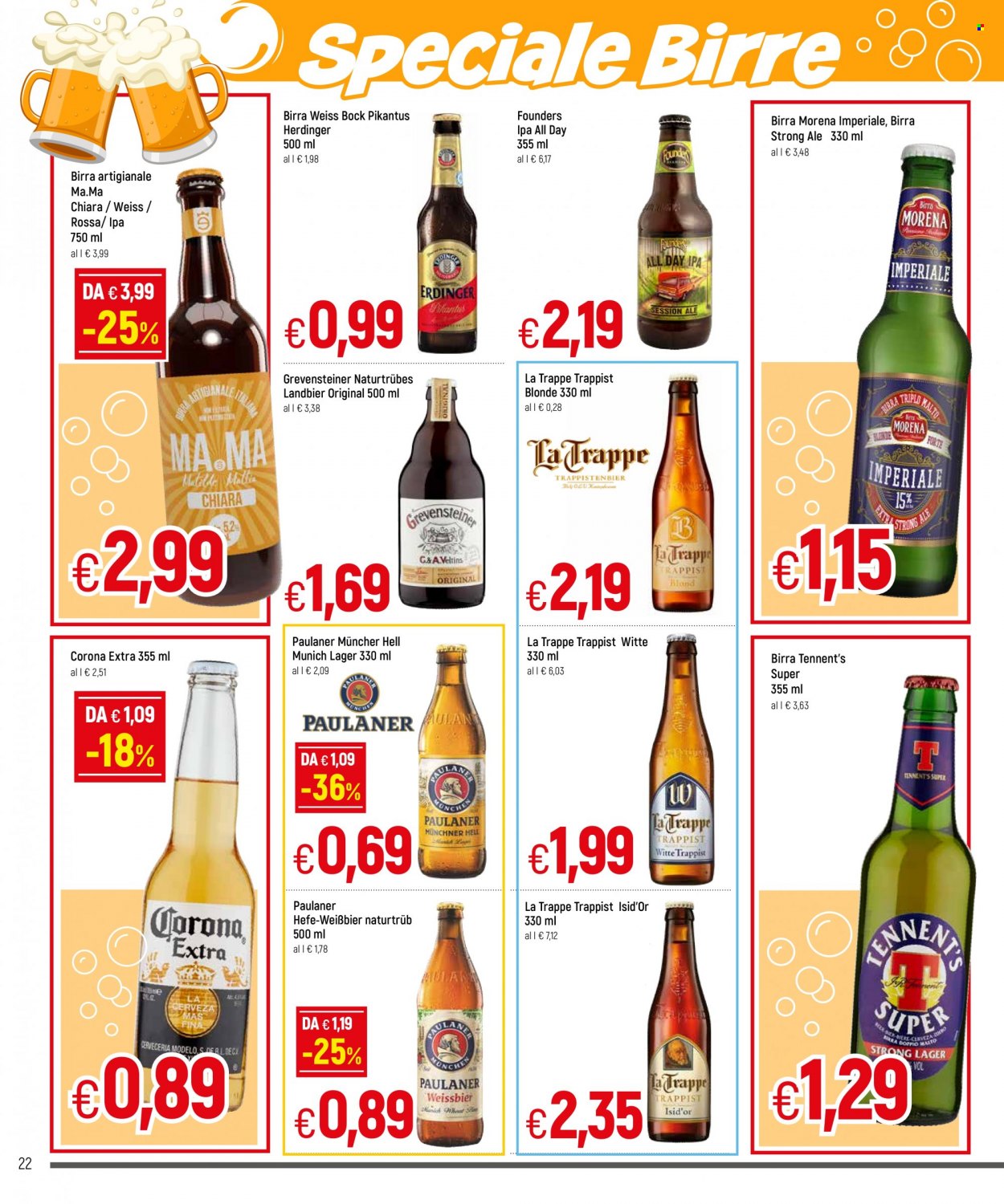 thumbnail - Volantino Famila - 12/5/2022 - 25/5/2022 - Prodotti in offerta - Corona Extra, birra, birra tipo IPA, birra di frumento, birra tipo lager, Paulaner, Tennent's. Pagina 22.