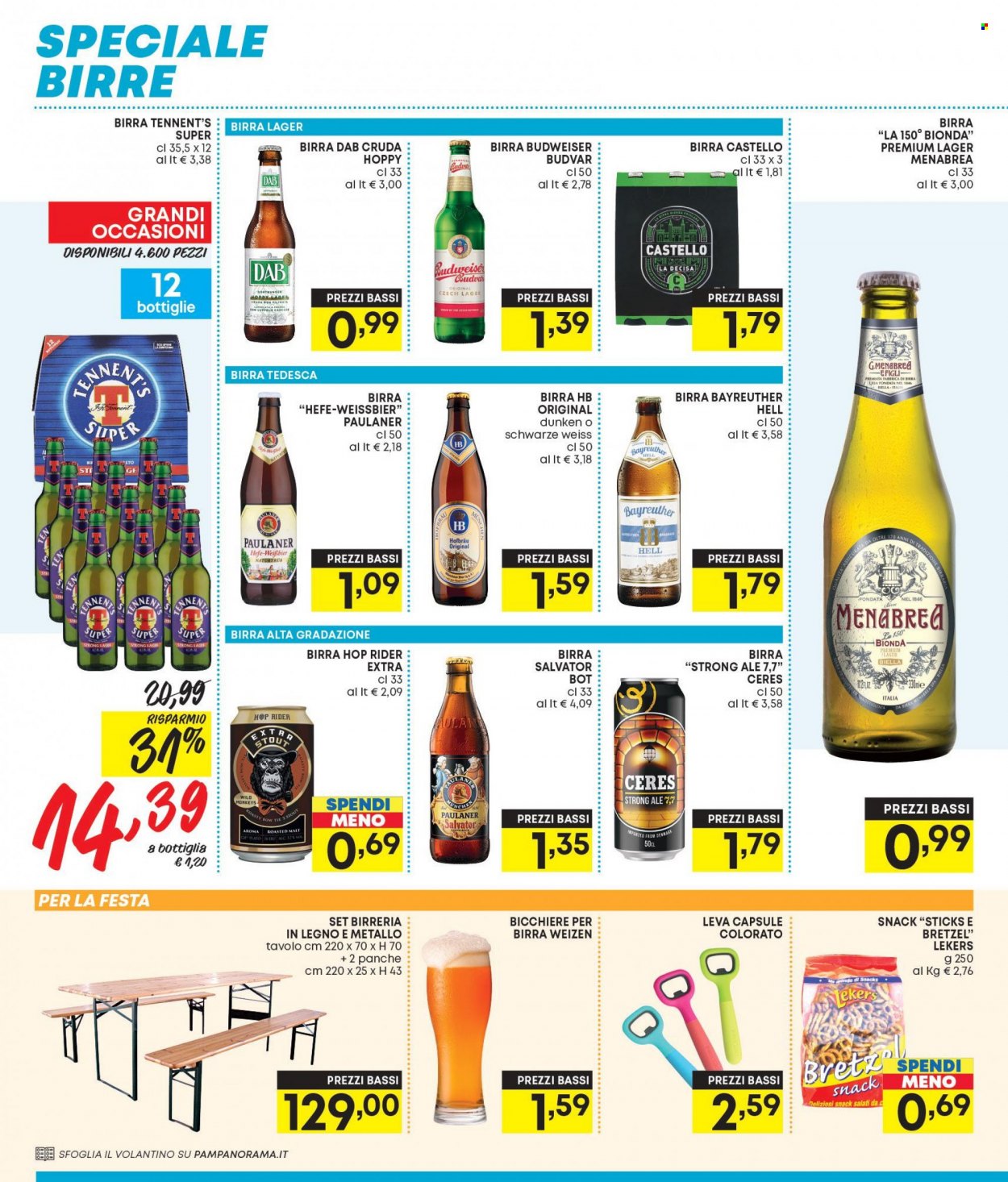 thumbnail - Volantino Panorama - 12/5/2022 - 25/5/2022 - Prodotti in offerta - Budweiser, birra, birra di frumento, birra tipo lager, Budweiser Budvar, Paulaner, Ceres, Tennent's, pretzels, tavolo, set birreria. Pagina 4.