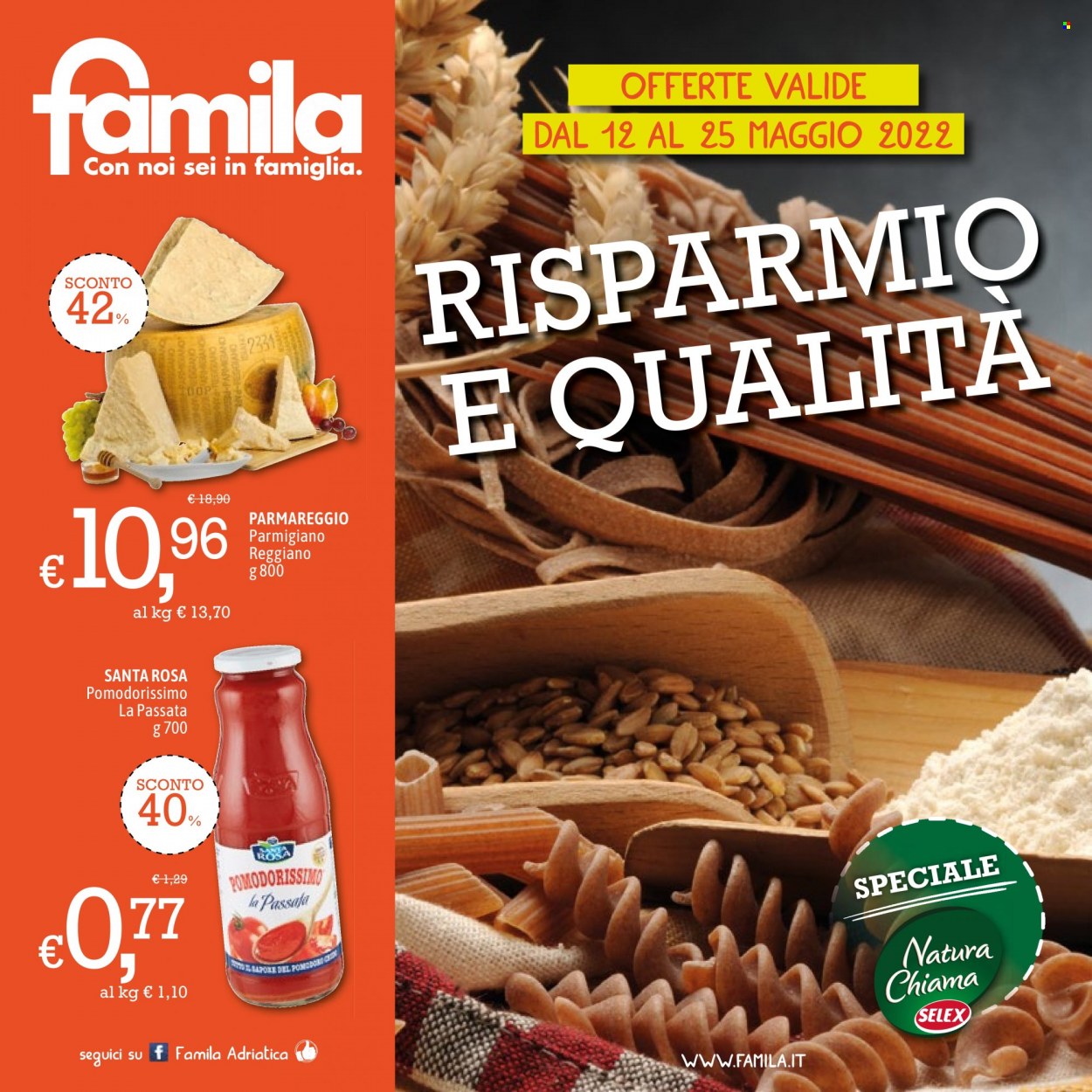 thumbnail - Volantino Famila - 12/5/2022 - 25/5/2022 - Prodotti in offerta - formaggio, parmigiano, Parmareggio, passata di pomodoro, Santa Rosa. Pagina 1.