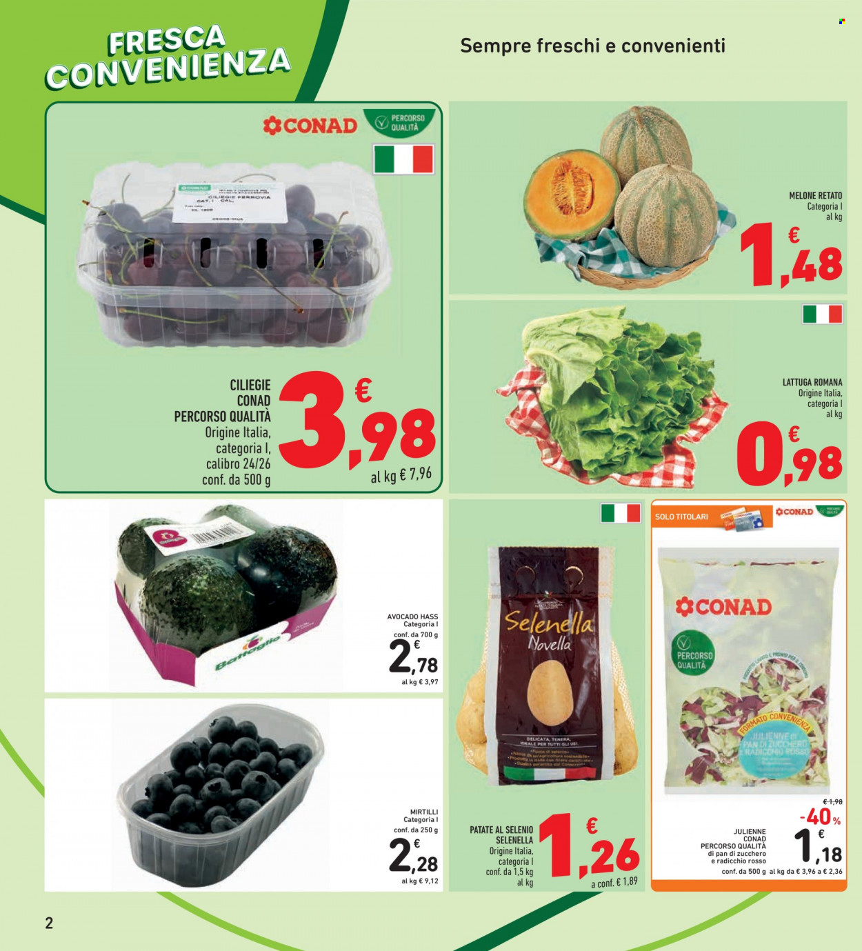thumbnail - Volantino Conad - 20/5/2022 - 31/5/2022 - Prodotti in offerta - patate, lattuga, lattuga romana, ciliegie, melone, mirtilli, avocado, melone retato. Pagina 2.