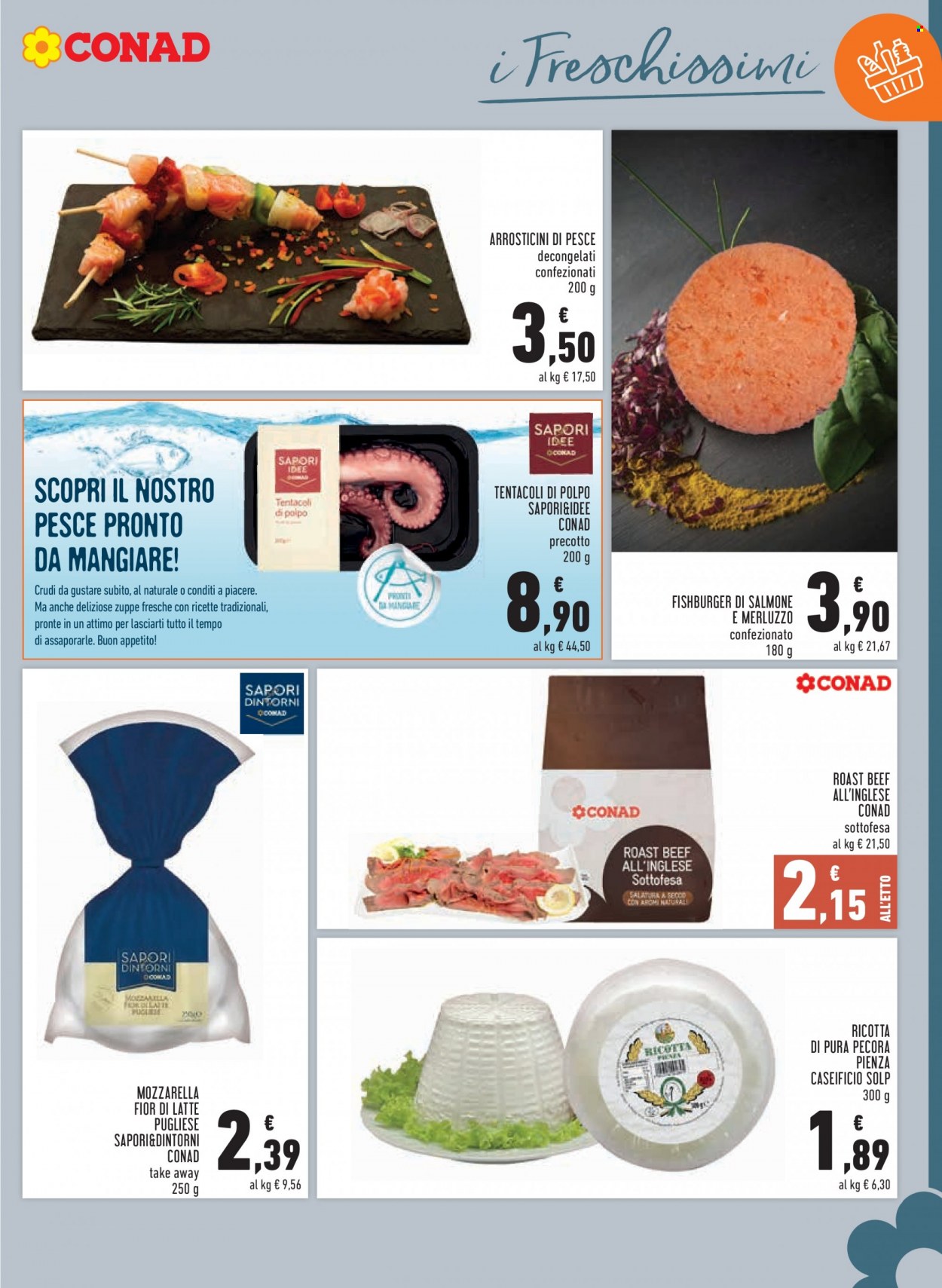 thumbnail - Volantino Conad - 19/5/2022 - 1/6/2022 - Prodotti in offerta - roastbeef, arrosticini, merluzzo, polpo, burger di pesce, formaggio, mozzarella, Fior di Latte, ricotta. Pagina 7.