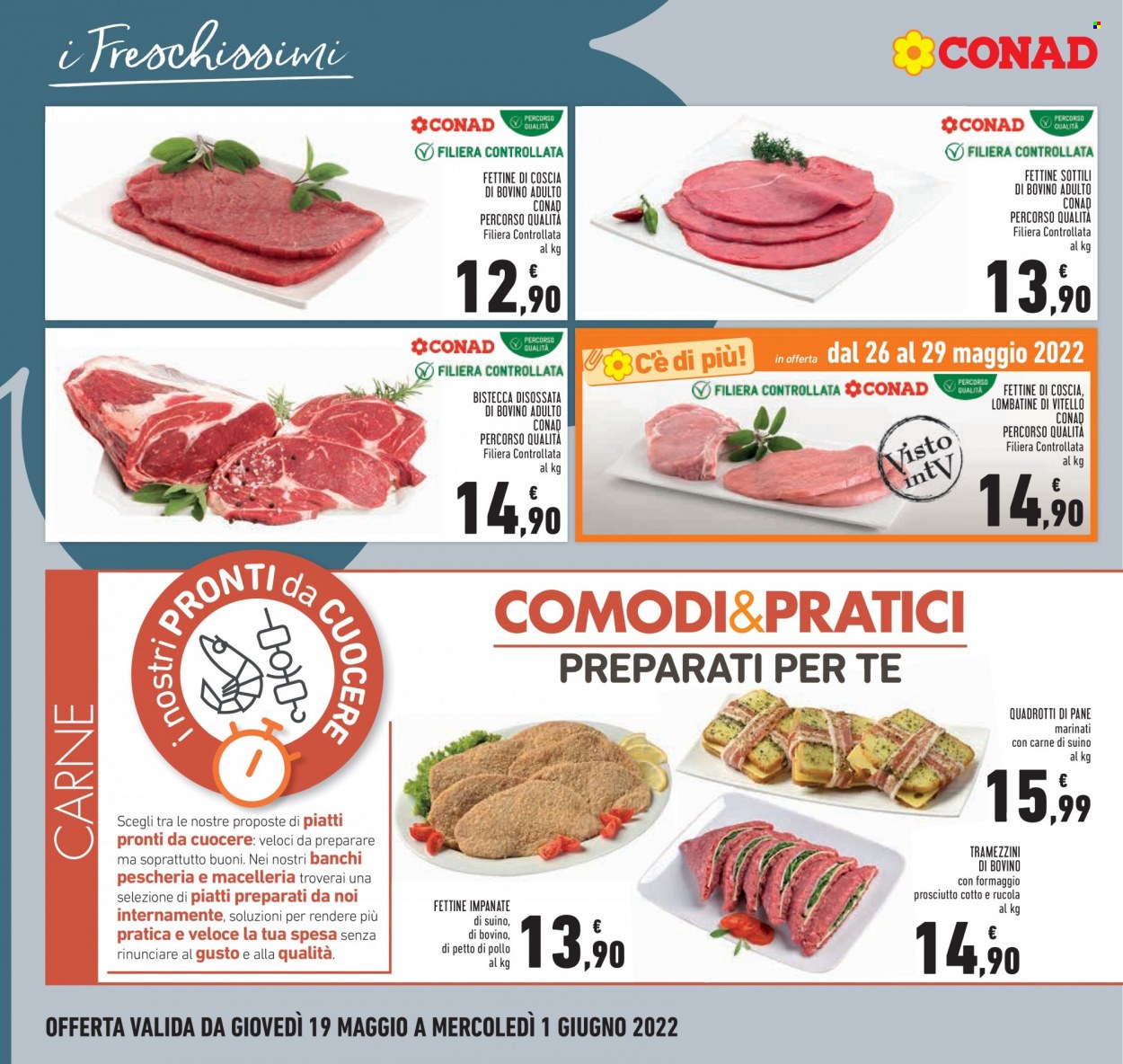 thumbnail - Volantino Conad - 19/5/2022 - 1/6/2022 - Prodotti in offerta - pane, bistecca, manzo, vitello, lombata di vitello, suino, tramezzino, quadrotti. Pagina 8.
