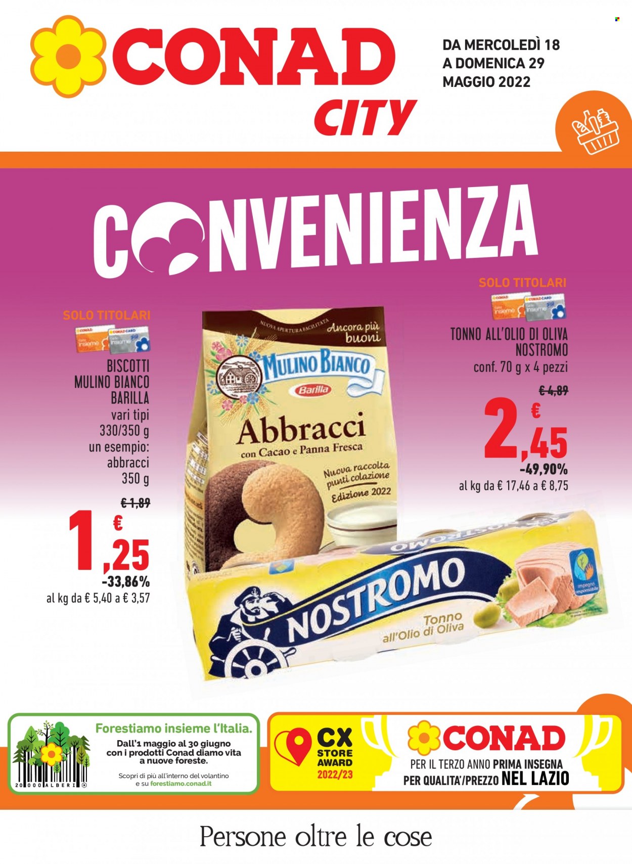 thumbnail - Volantino Conad - 18/5/2022 - 29/5/2022 - Prodotti in offerta - Mulino Bianco, tonno, biscotti, Barilla, tonno sott'olio, Nostromo. Pagina 1.